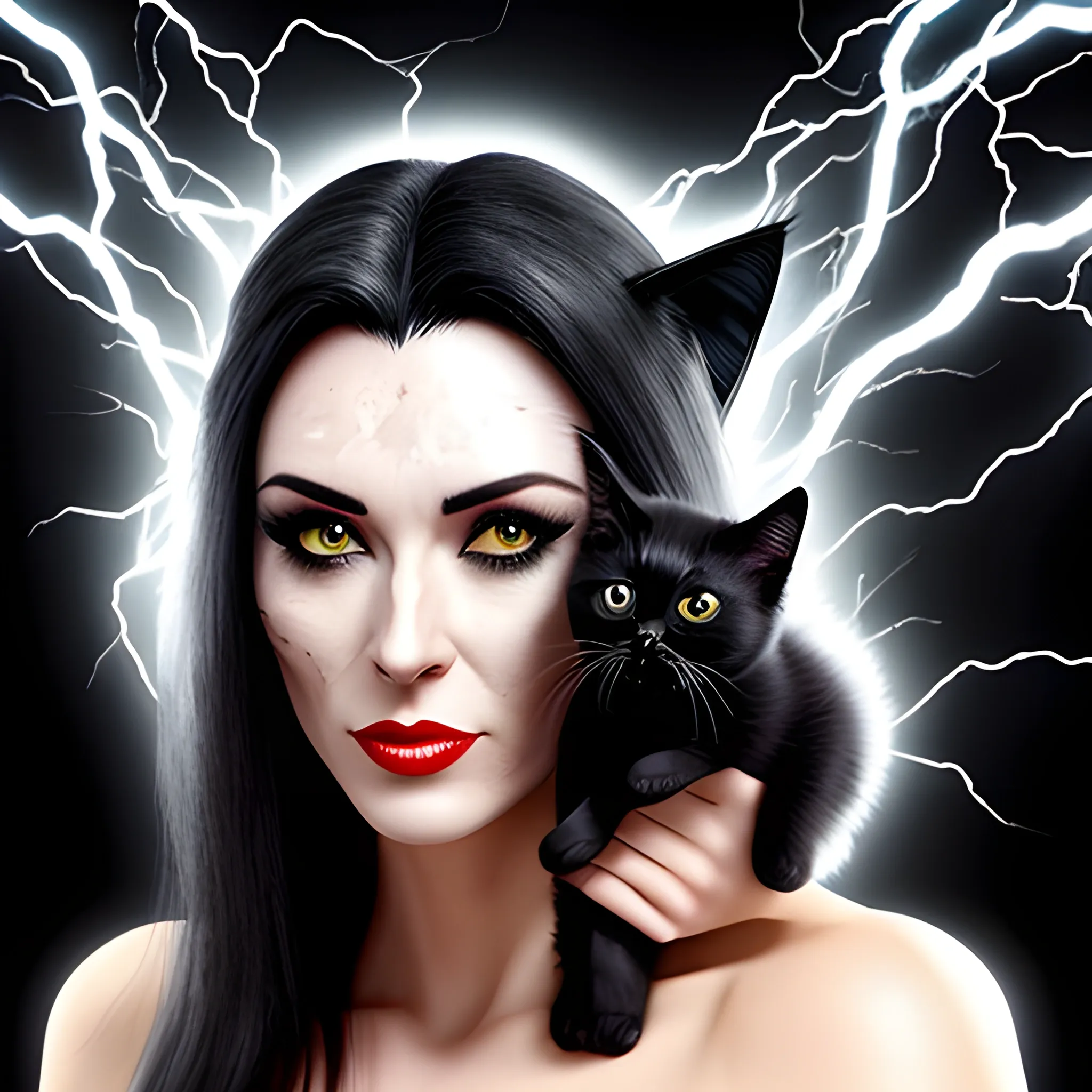 Little, tiny cute, human girl child, holding Black kitten with, silver strikes, of lightening blot on forehead, and lightening blots on rest of body, 3D