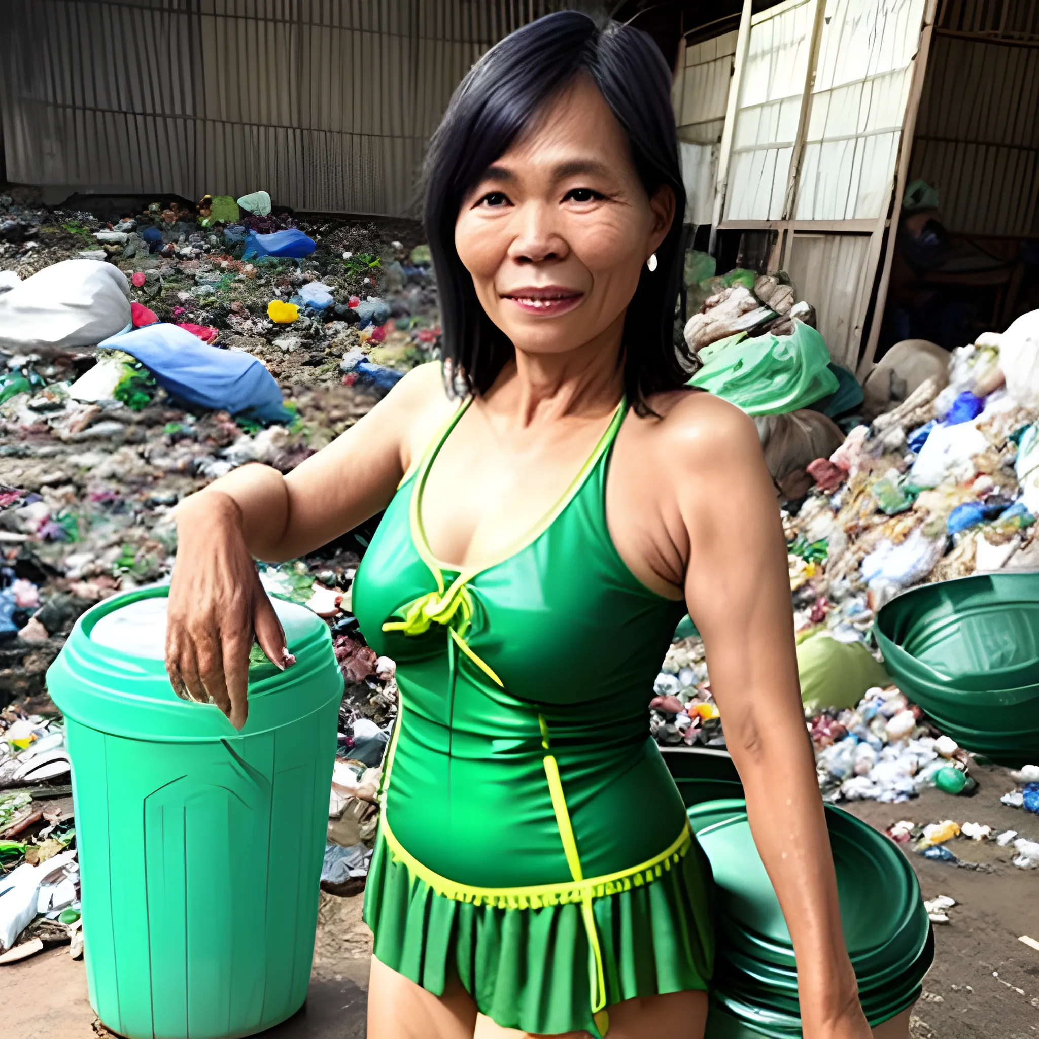 Thai woman 50 years old  beautiful sexy,green swimming costume  in House in the garbage dump
