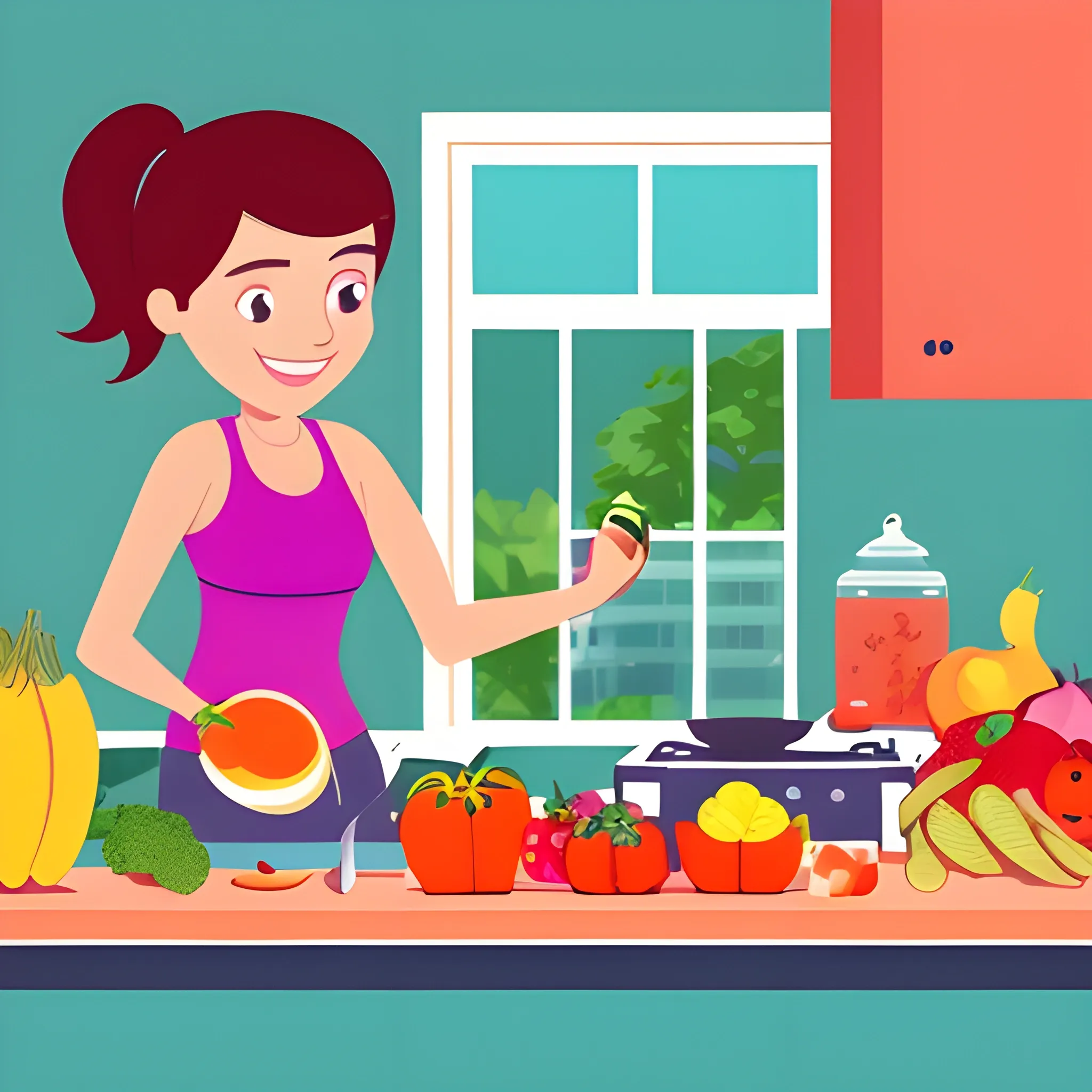 a vibrant and inviting design with images of fresh fruits and vegetables, 
a person jogging in a park, and someone preparing a healthy meal in a well-lit kitchen.
The central focus should be on a person taking a step forward, Cartoon