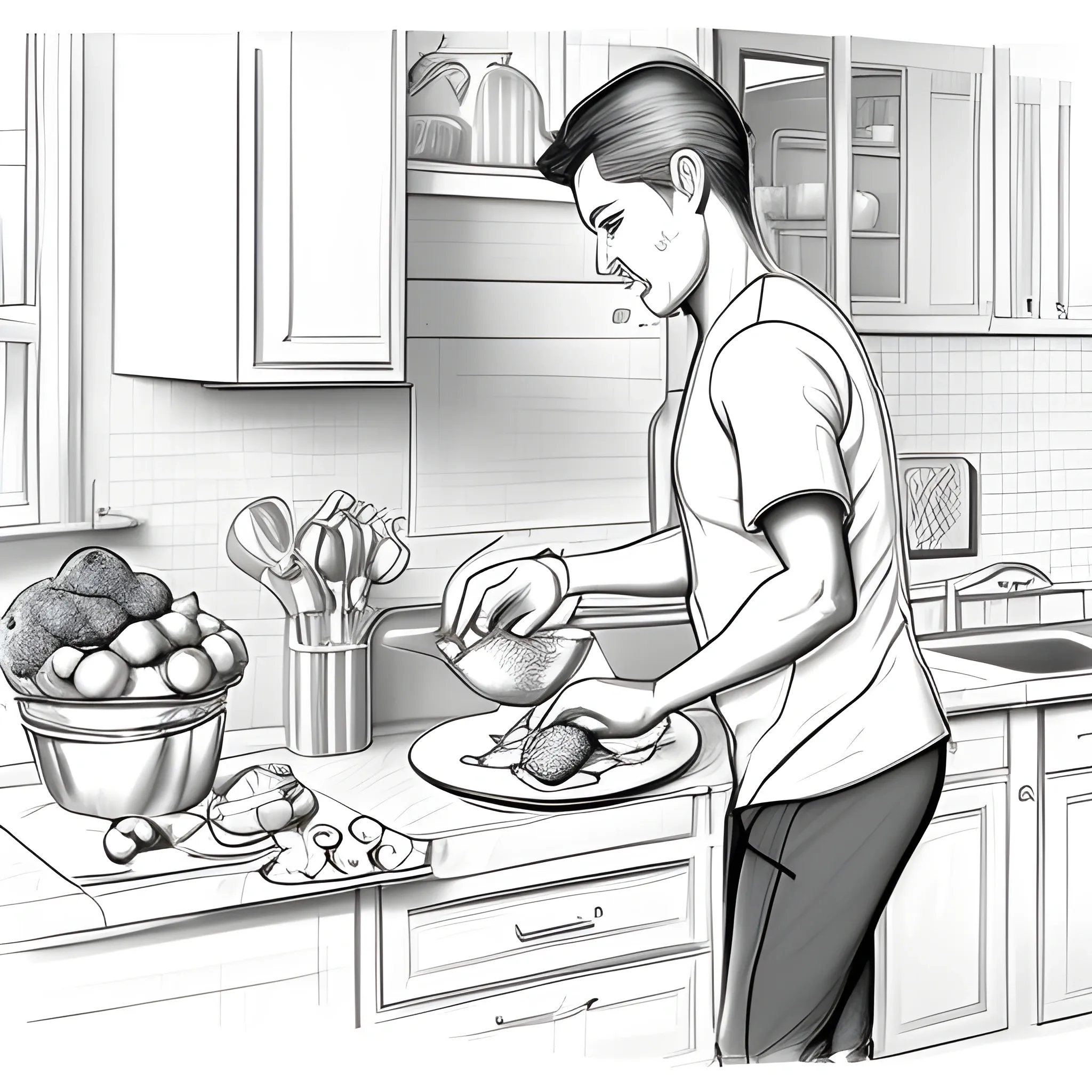 a vibrant and inviting design with images of fresh fruits and vegetables, 
a person jogging in a park, and someone preparing a healthy meal in a well-lit kitchen.
The central focus should be on a person taking a step forward, Cartoon, Pencil Sketch