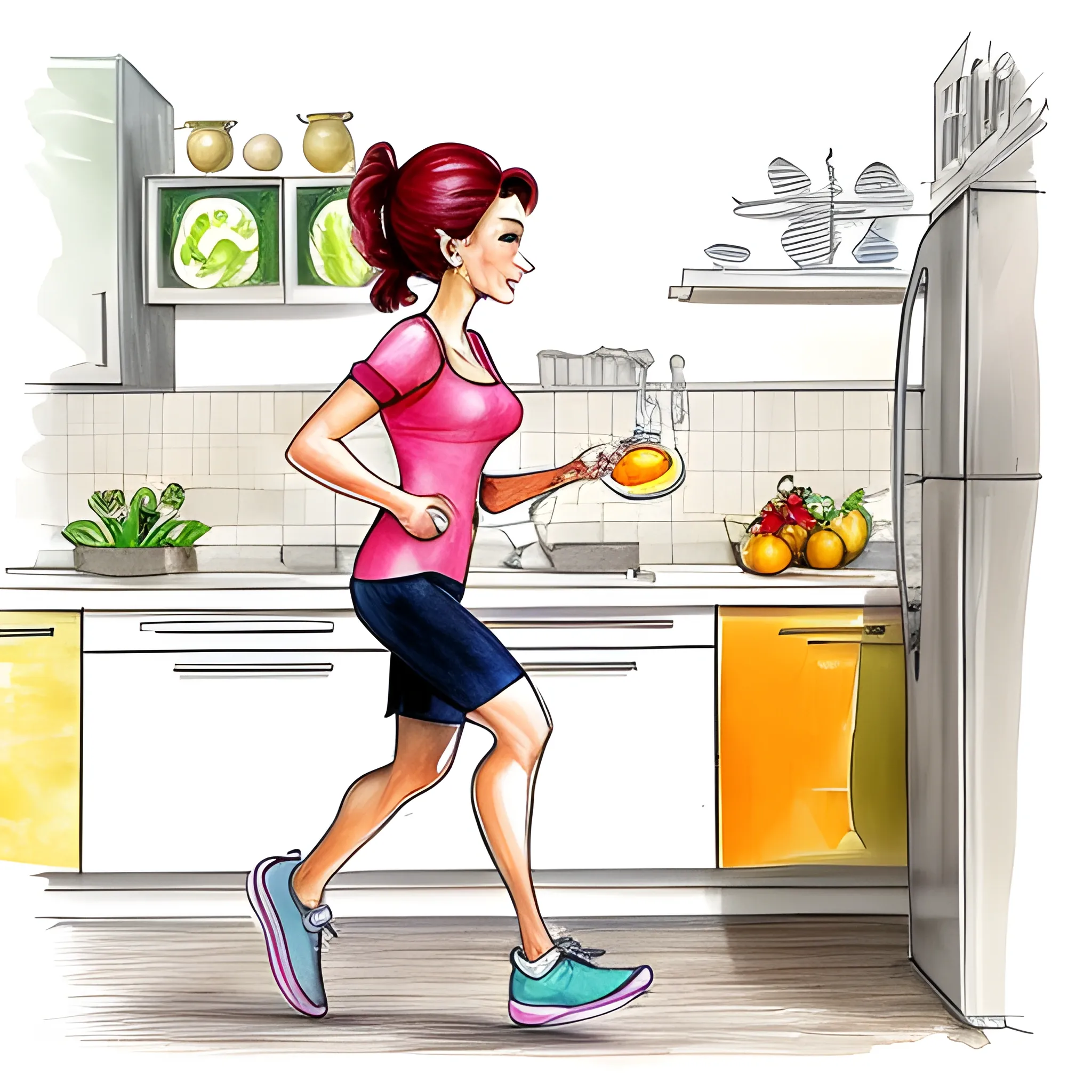 a vibrant and inviting design with images of fresh fruits and vegetables, 
a person jogging in a park, and someone preparing a healthy meal in a well-lit kitchen.
The central focus should be on a person taking a step forward, Cartoon, Pencil Sketch, Water Color