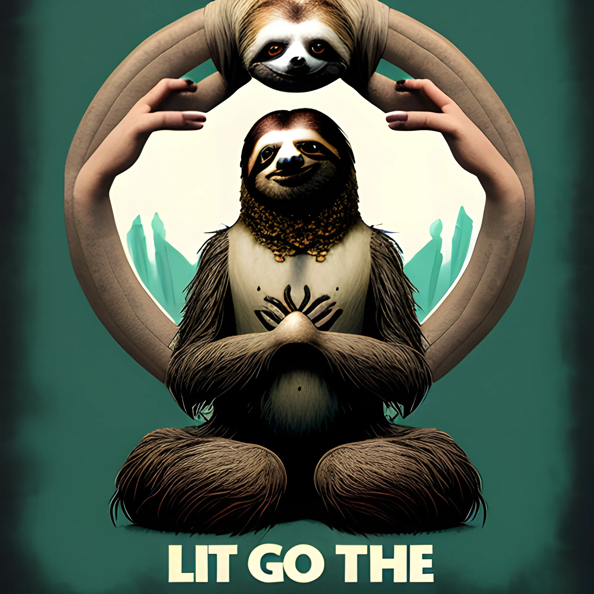 a sloth mediating with text saying "Let that shit go", dark fantasy, conceptual art, typography, poster