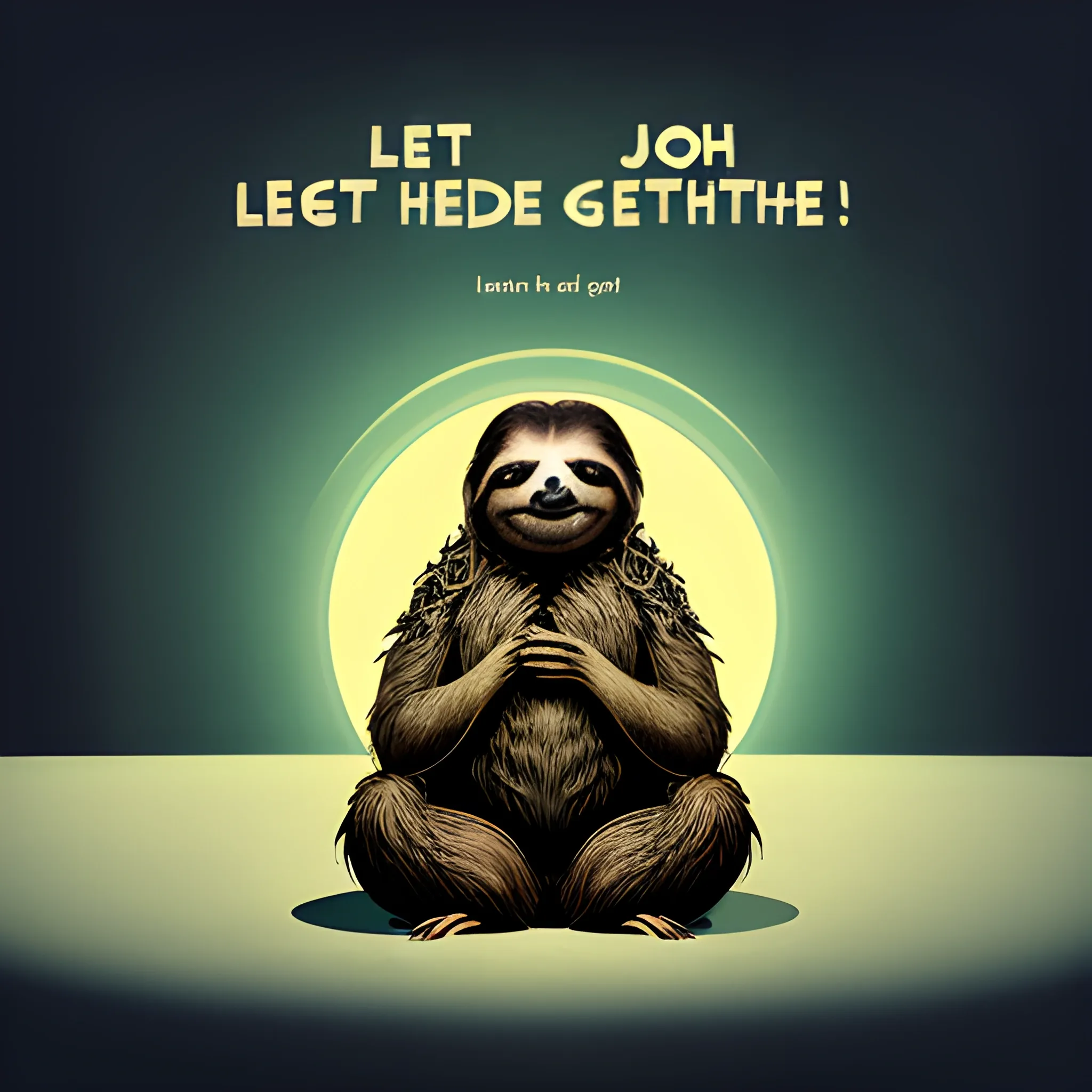 a sloth mediating with text saying "Let that shit go", dark fantasy, conceptual art, typography, poster, Cartoon,