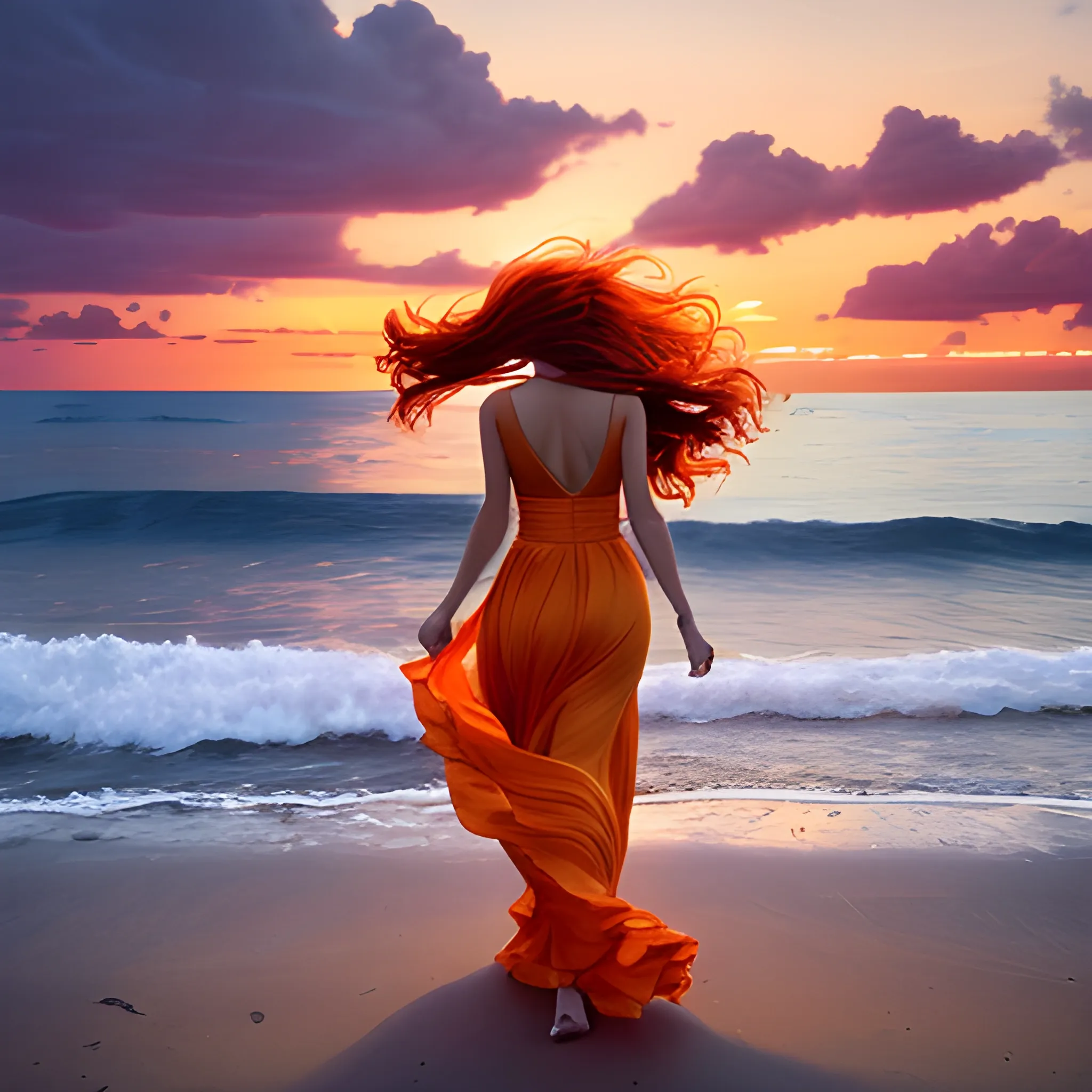 Under the vibrant orange hues of the sunset sky, a beautiful woman with flowing long hair is strolling along the beach, her steps in perfect harmony with the rhythmic waves, creating a mesmerizing scene