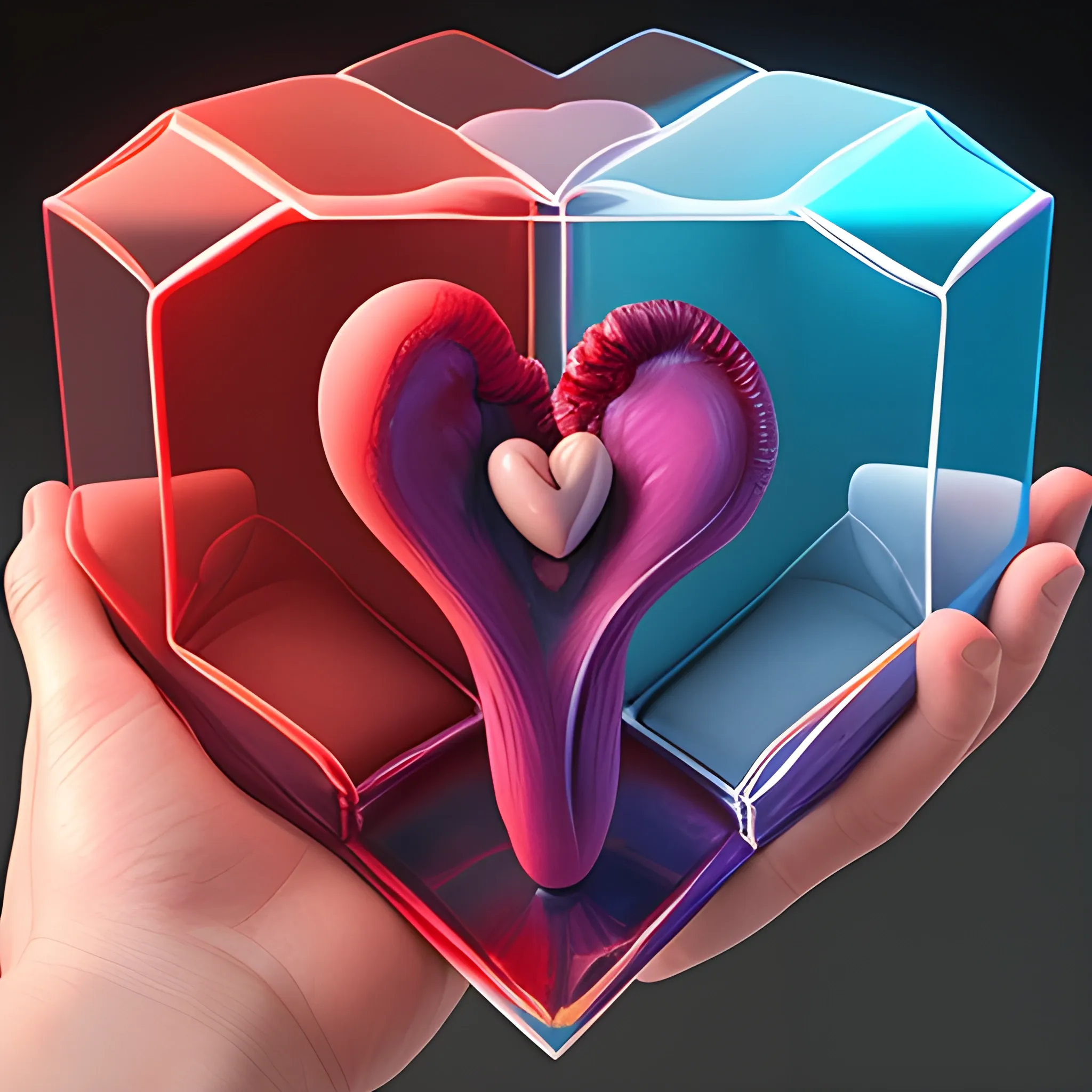 Realistic human  heart, 3D with the colors of van ghog's scream, inside a transparent cube, inside a woman's hand