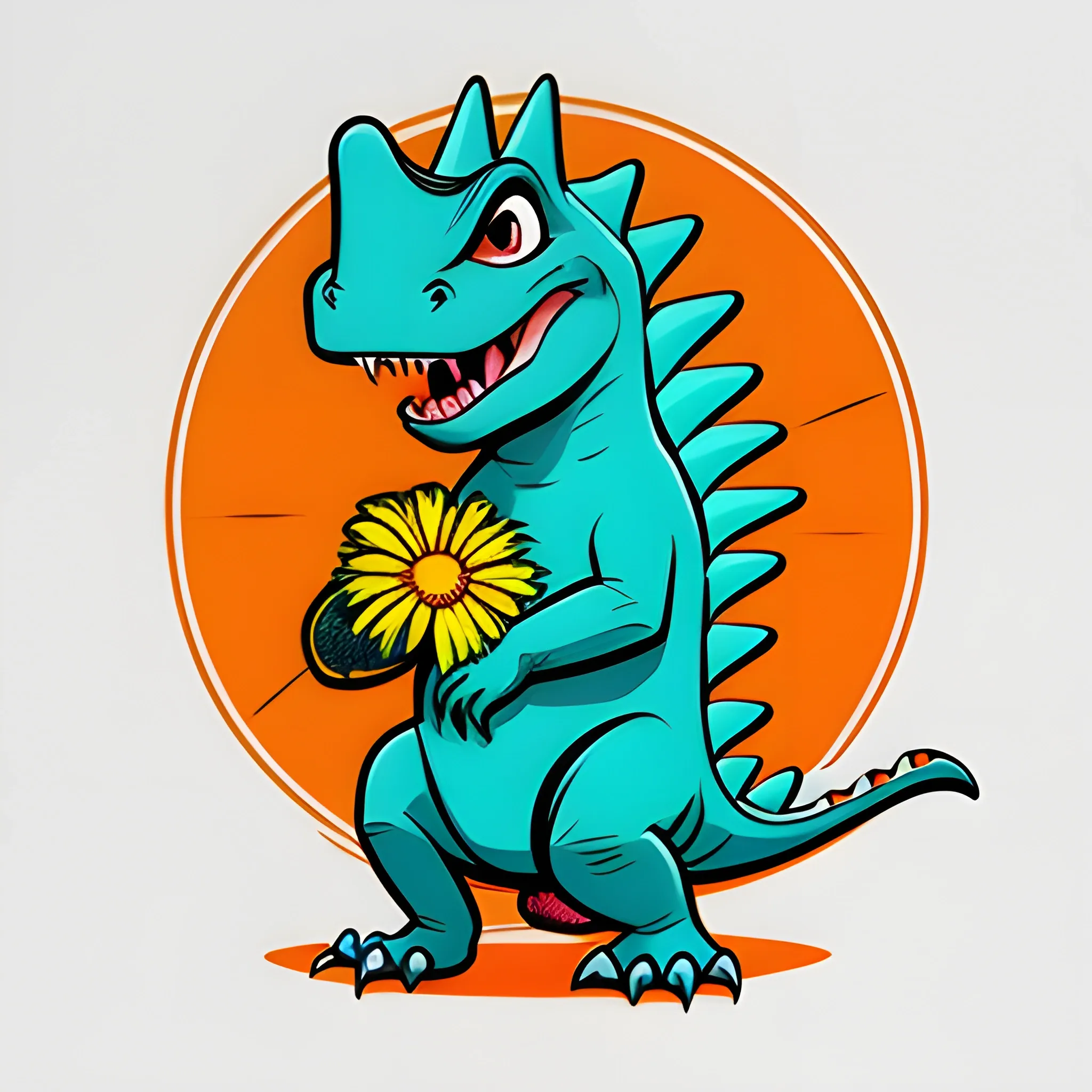 T-shirt design with text that says "I Hope you have a rawrsome day", Cute little Comic Style dinosaur character, he holds a flower in his hand, vibrant colours, poster, cinematic