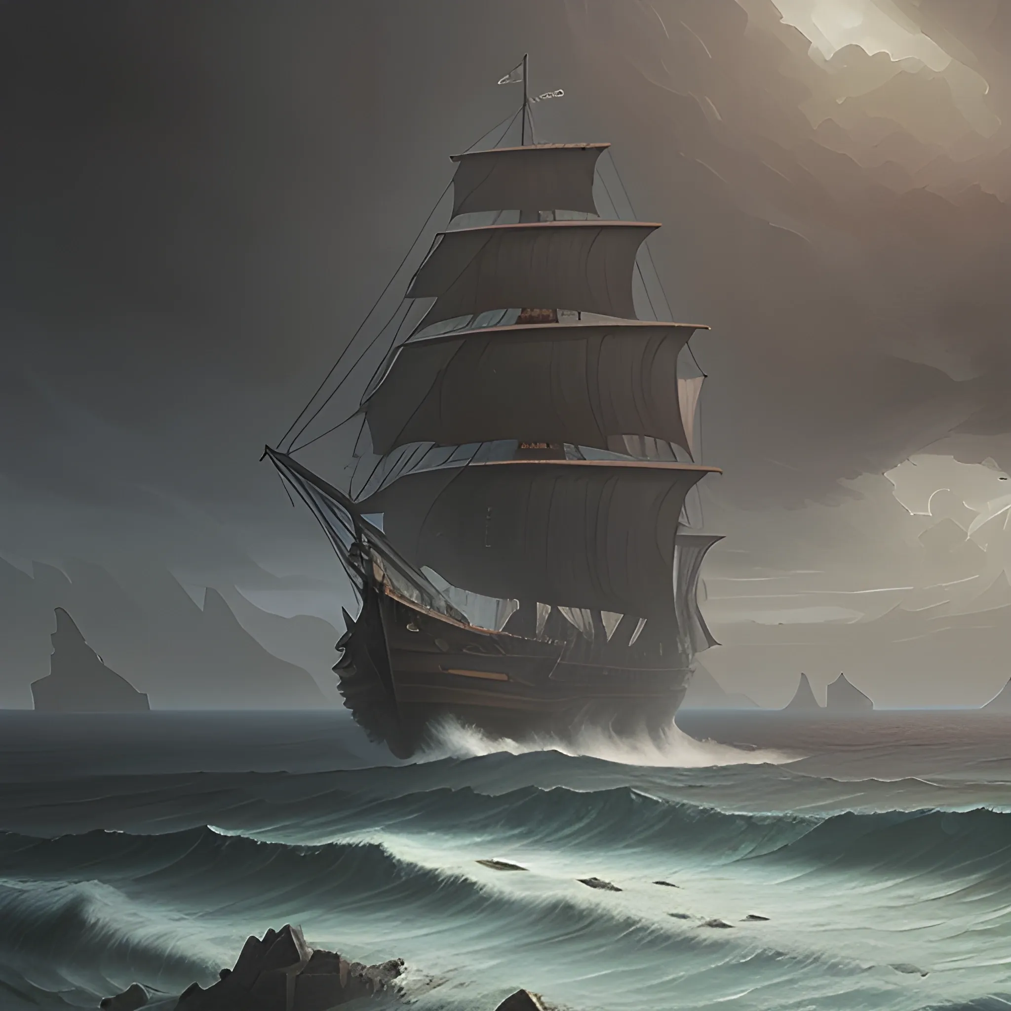 Galleon on the open ocean approaching a shipwreck on the coast of a large island in the distance, medieval, fantasy landscape, DND, digital painting, Artstation, moody lighting, digital art, Ghibli inspired, Similar to Abergavenny