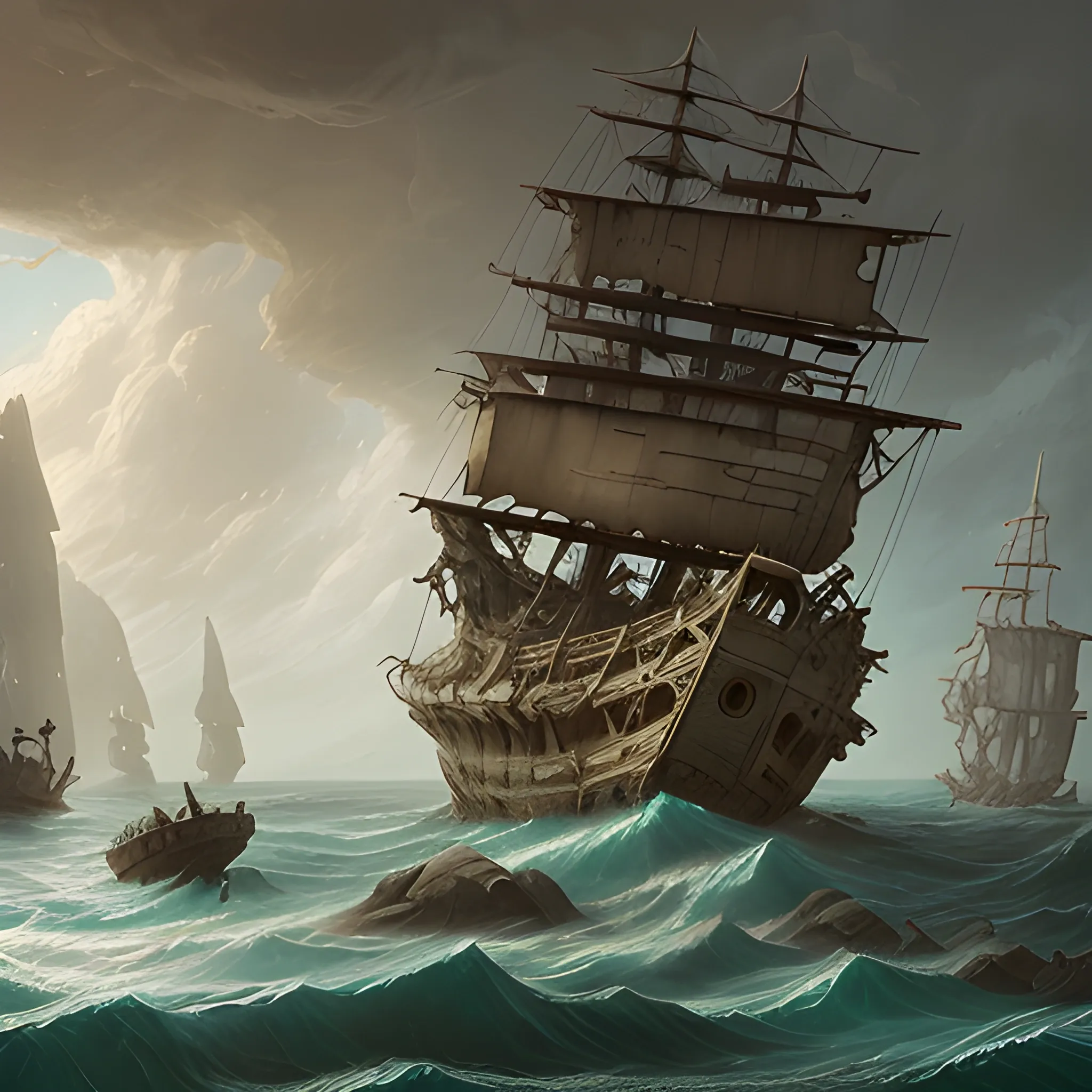 A completely destroyed ancient ship on the ocean inhabited by stray cats, masts sticking out of the water, large island in the far distance, medieval, fantasy landscape, DND, digital painting, Artstation, moody lighting, digital art, Ghibli inspired, Similar to Abergavenny