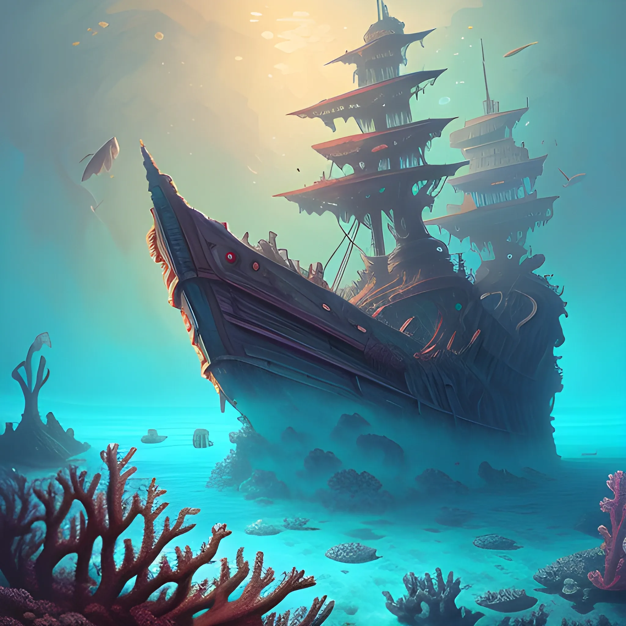 sunken medieval ship at the bottom of the sea, ocean floor, coral, underwater, fantasy landscape, surrounded by vibrant coral reef, DND, digital painting, Artstation, deep under water, digital art, Ghibli inspired, Similar to Abergavenny