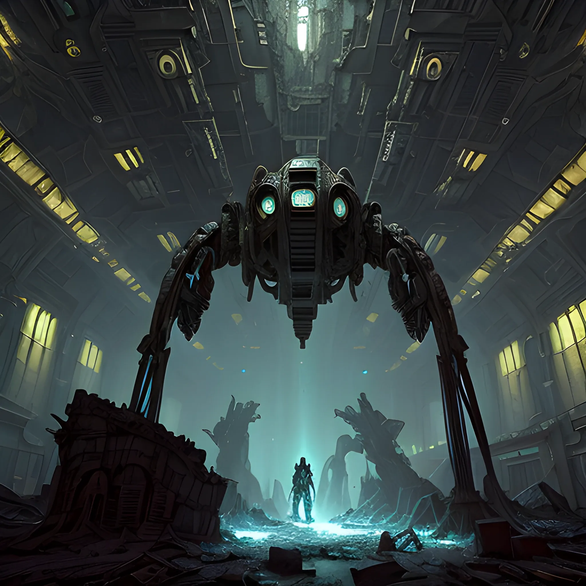 ancient abandoned crumbling scifi cavernous room by Ridley Scott, stalactites, completely destroyed, dark fantasy, sparks, Broken Alien Mecha machine robot with glowing joints in the center of an alien warehouse, Artstation, dark and moody lighting, digital art, Sid Mead inspired, gundam inspired, by ridley scott, frame from prometheus movie