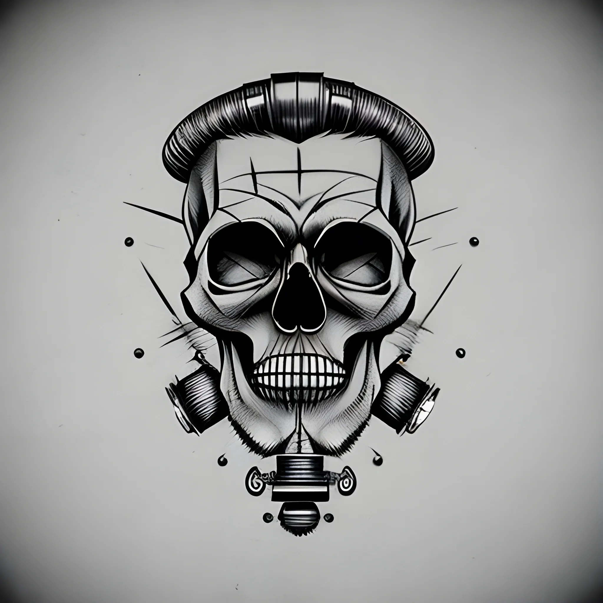 1950s bearded skull with tattoomachine around in neotradional Tattoo template, Pencil Sketch