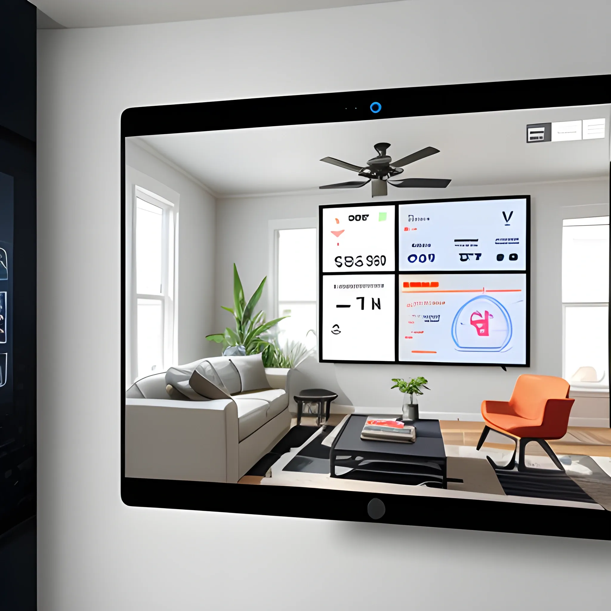 Augmented Reality (AR) (VR) Heads up display (HUD) view of a living-room with Measurements displayed in real-time overlay on walls.