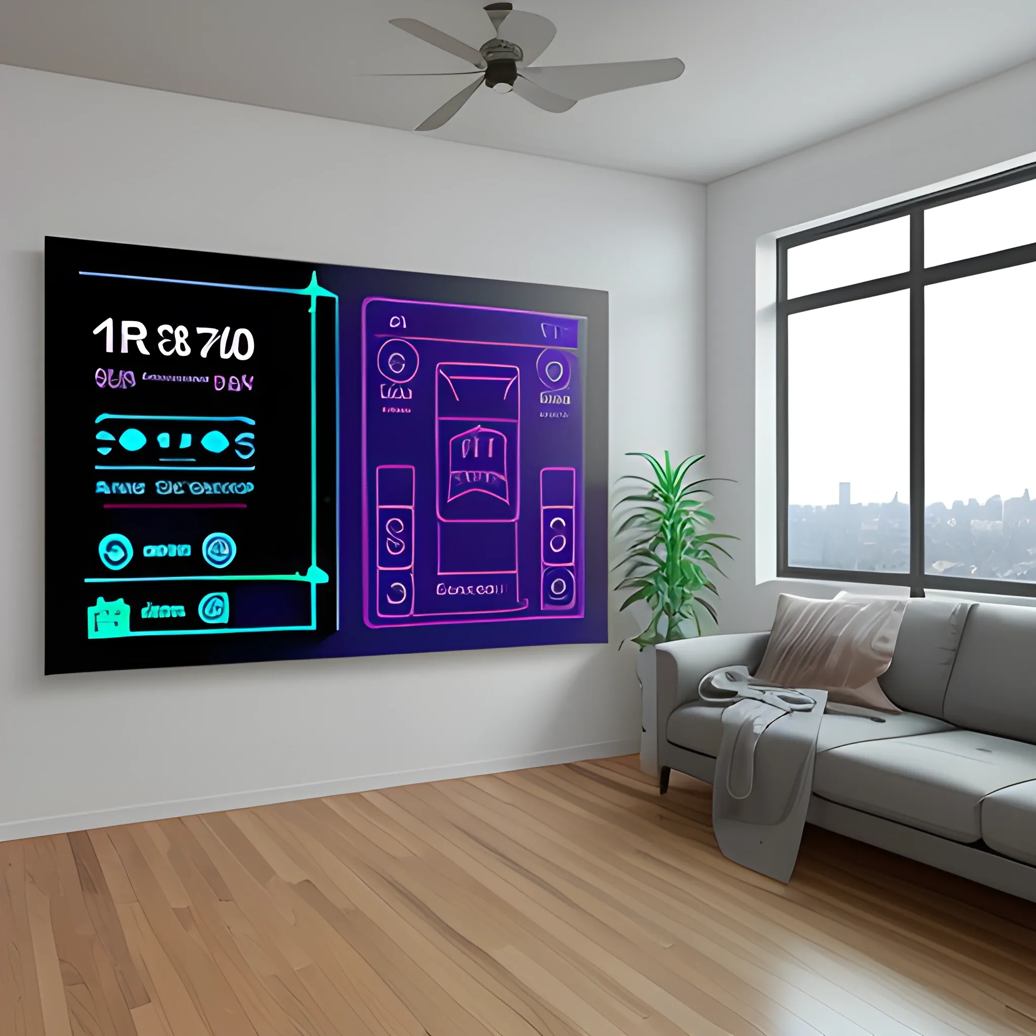 Augmented Reality (AR) (VR) Heads up display (HUD) view of a living-room with Measurements displayed in real-time overlay vectors on walls., 3D