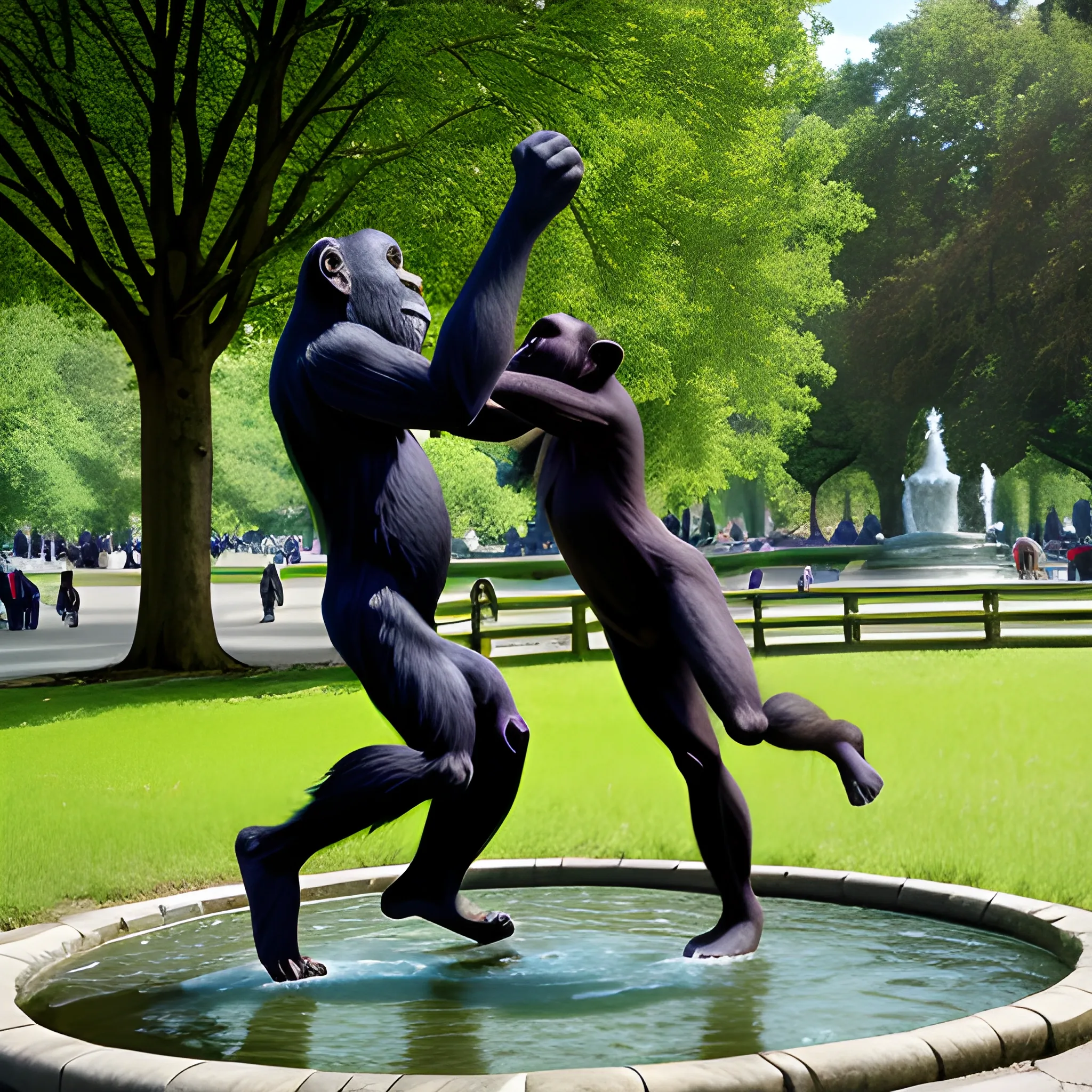 two apes dancing in the park at a fontaine