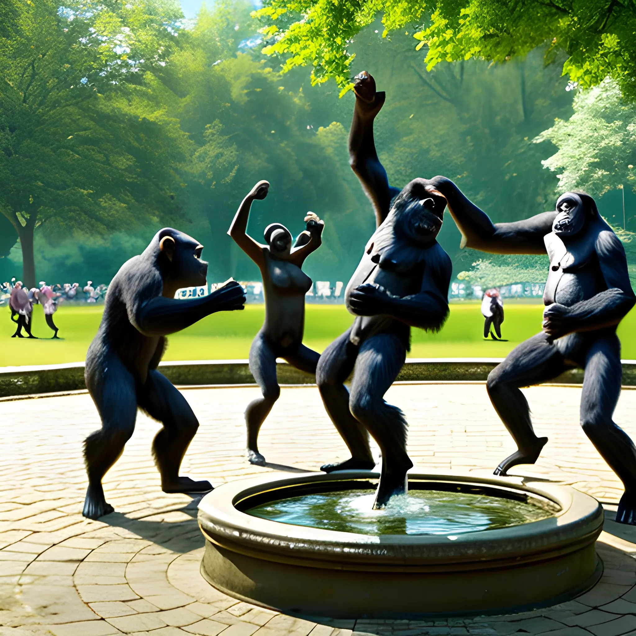 five apes dancing in the park at a fontaine