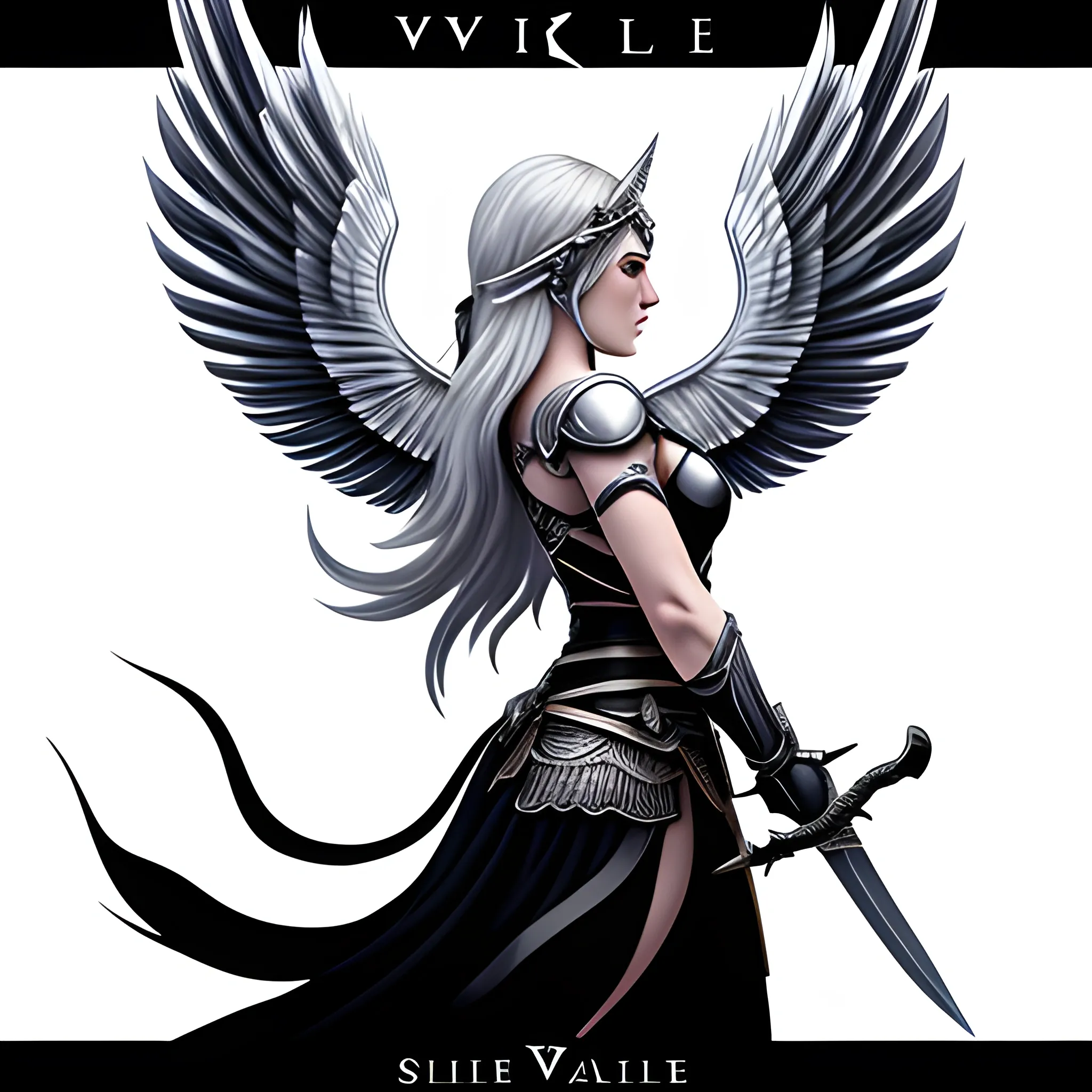 White Valkyrie logo, side view woman, with sword, with wings, Black background
