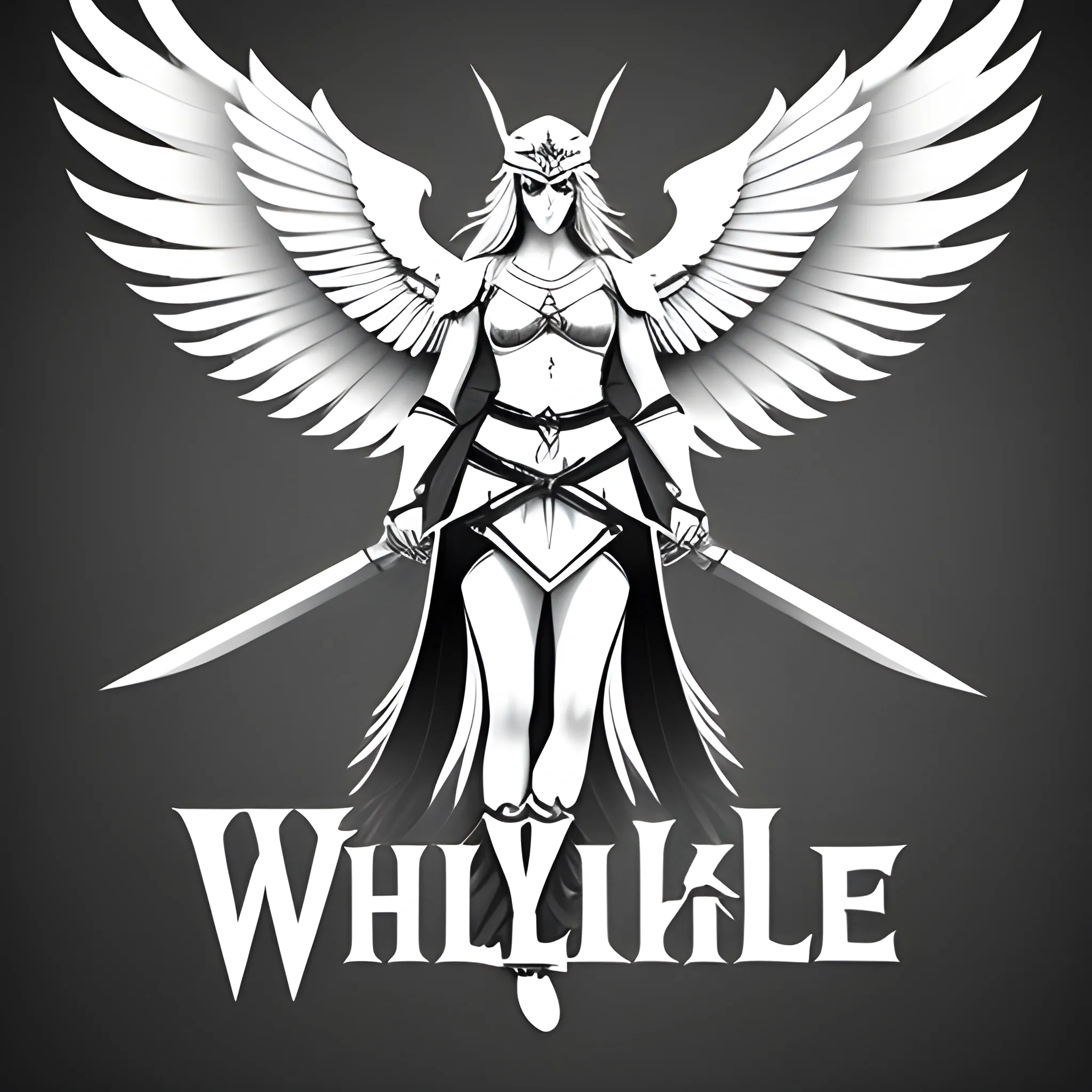 White Valkyrie woman logo, with sword, with wings, Black background