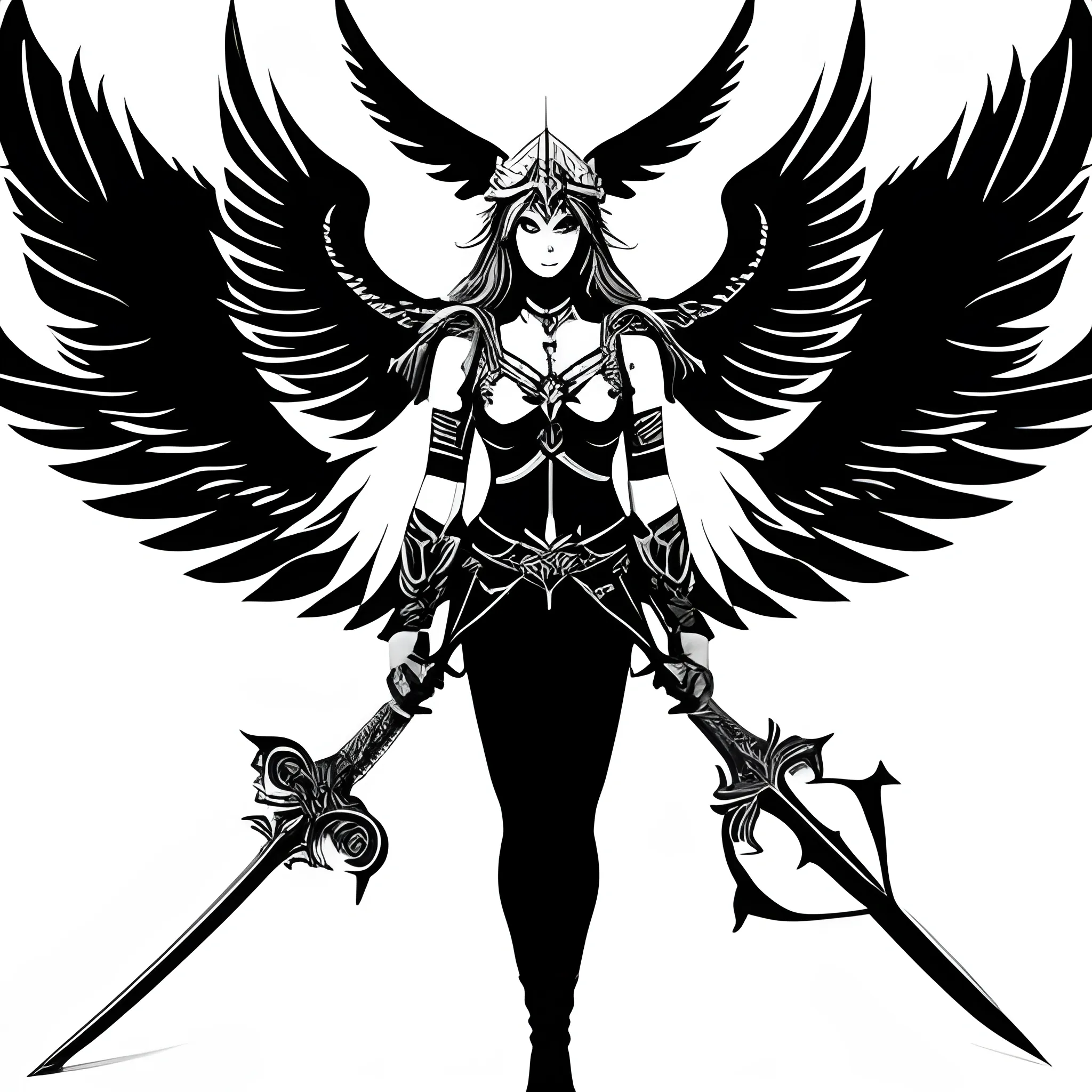 White Valkyrie woman logo, with sword, with wings, Black background