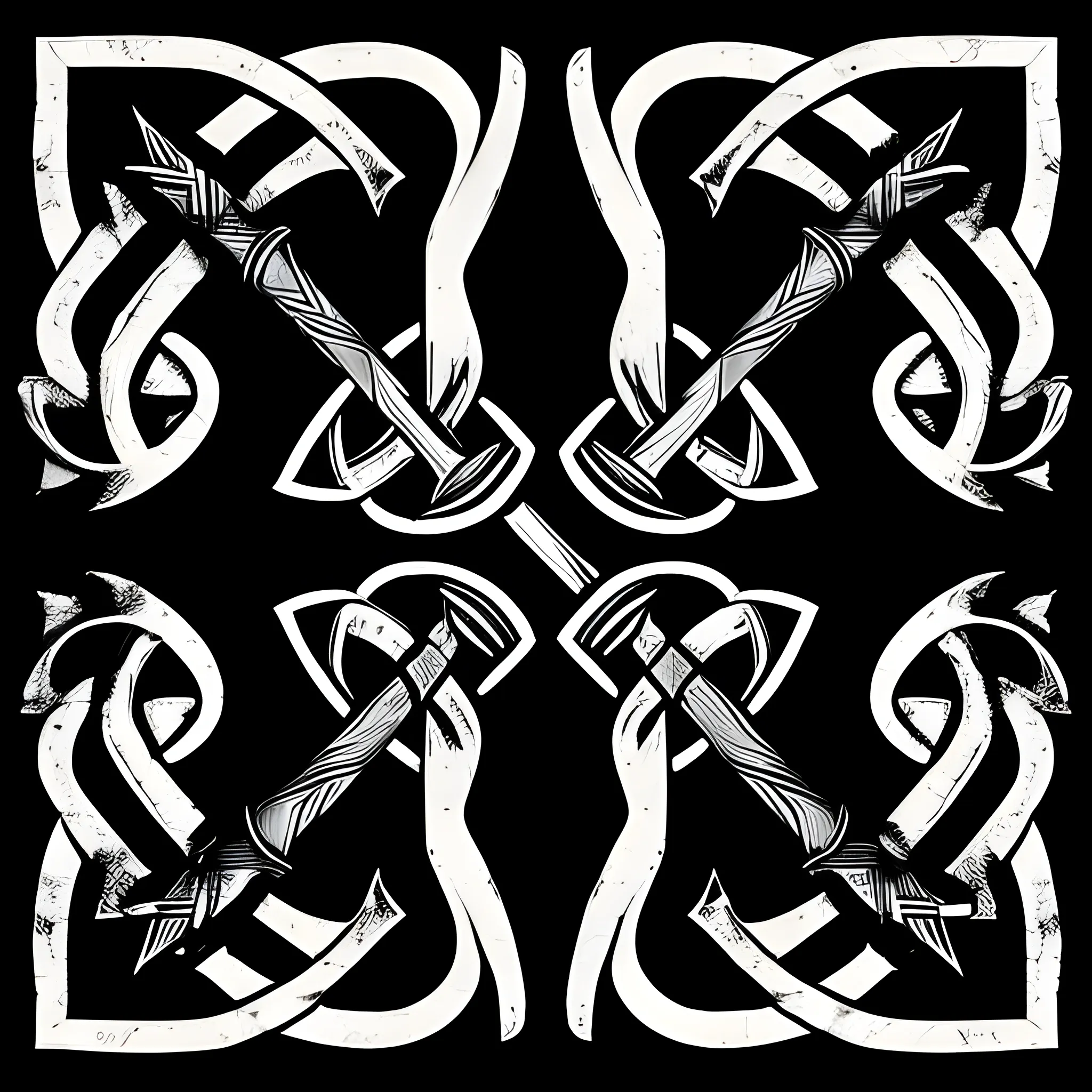 Two crossed viking axes, black background. 