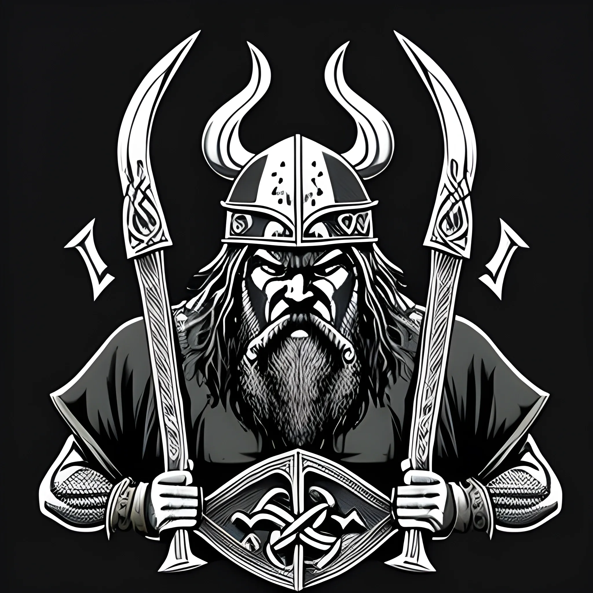 Viking with two axes, black background, ready to fight, logo, warcry