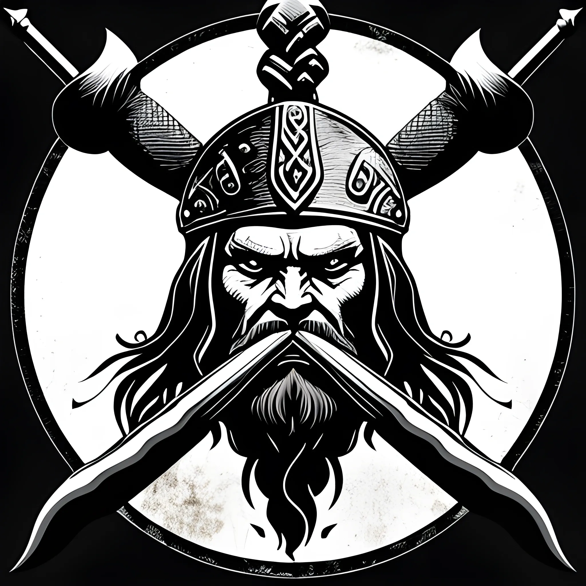 Viking with two axes, black background, ready to fight, logo, warcry, no text