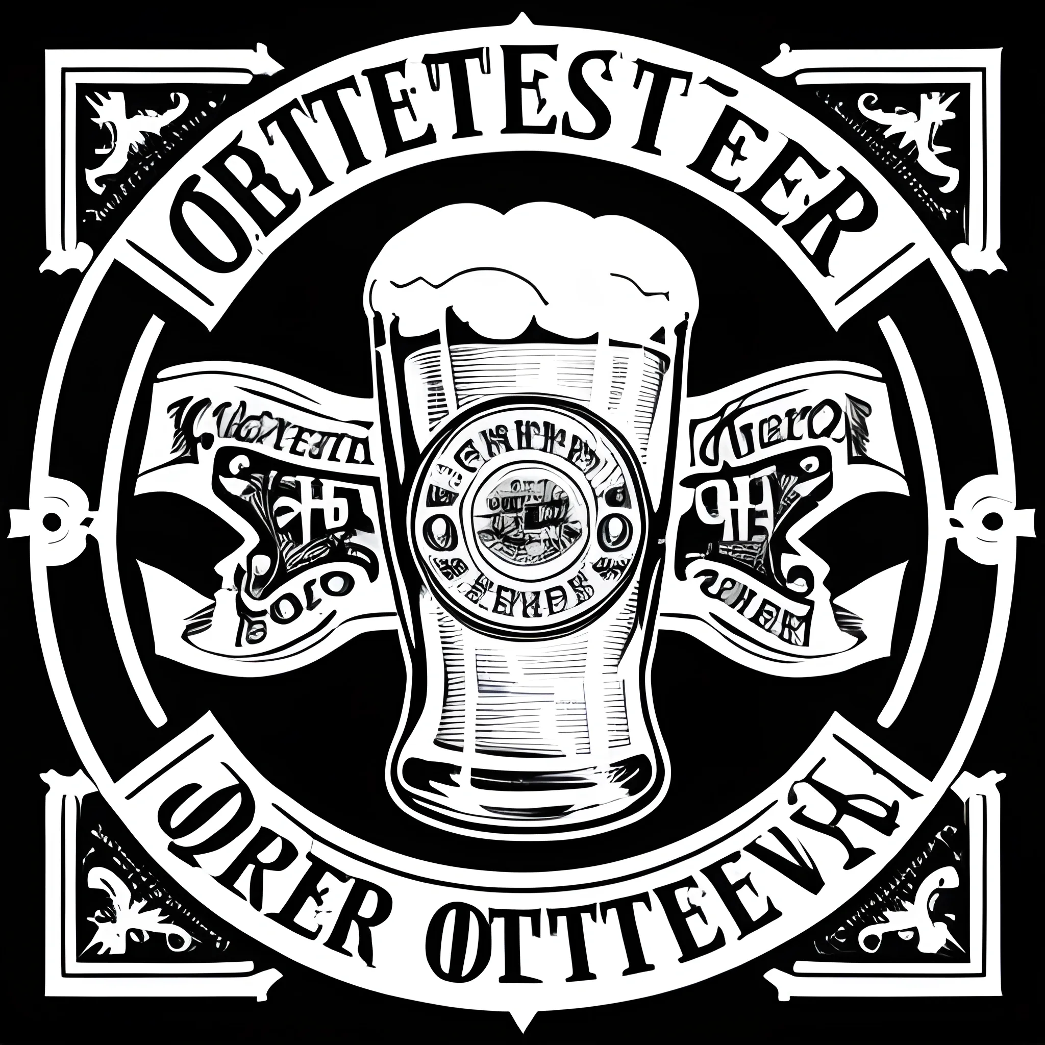 Oktoberfest logo, one beer, table, no text, black and white