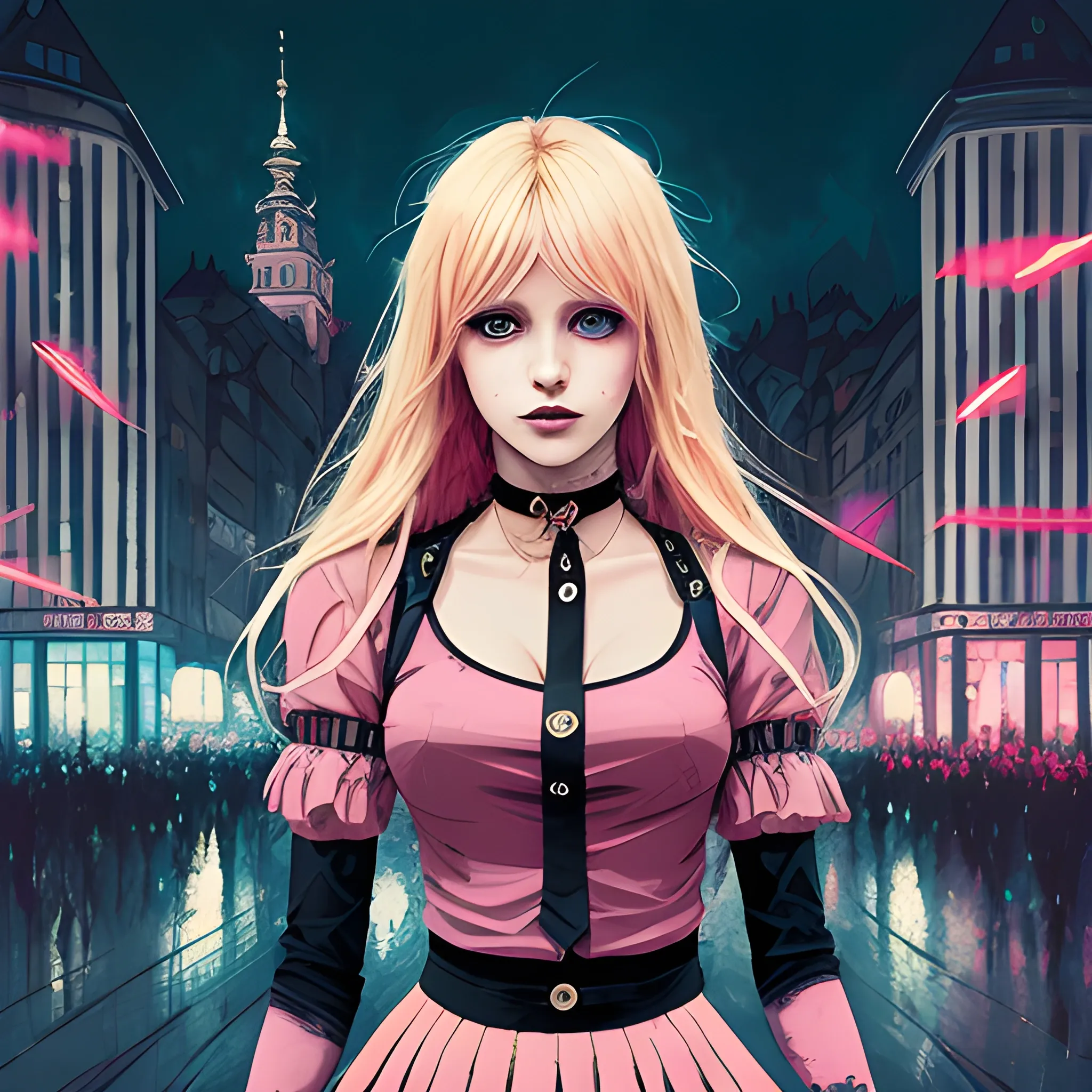 An image of a blonde hair slavic woman wearing choker in a manga art, anime style character  red and sillver colors,  true aesthetics, casual fashion shot of a beautiful modern woman posing in front of a psychedelic art nouveau style. classy style polish female, full figure, fit, ellegant tight pink costume, miniskirt,  legs,  choker, cross, long hair, classy,  degraded, beautiful faces, manga eyes, open mouth,  messy chaotic Warsaw city in the background, dark night, art by Greg Rutkowski, acrylic, high contrast, colorful polychromatic, ultra detailed, ultra quality, CGSocietyHighly detailed, highest quality, 3D