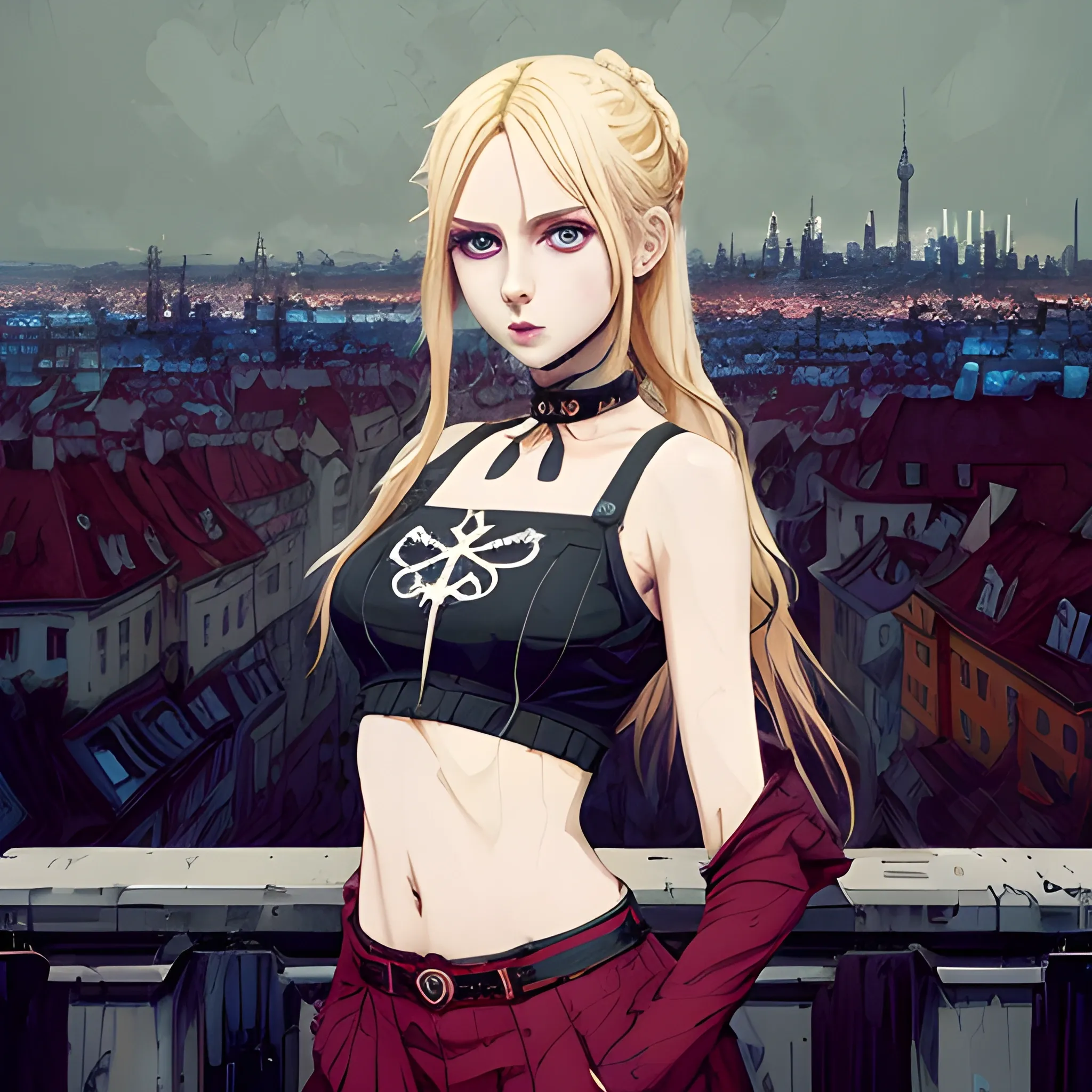 An image of a blonde hair slavic woman wearing choker in a manga art, anime style character  red and sillver colors,  true aesthetics, casual fashion shot of a beautiful modern woman posing in front of a psychedelic art nouveau style. cheap style polish female, full figure, symmetrical face, fit, iniskirt,  legs,  choker, cross, long hair, classy,  degraded, beautiful faces, manga eyes, open mouth,  messy chaotic Warsaw city in the background, dark night, art by Greg Rutkowski, acrylic, high contrast, colorful polychromatic, ultra detailed, ultra quality, CGSocietyHighly detailed, highest quality, 3D