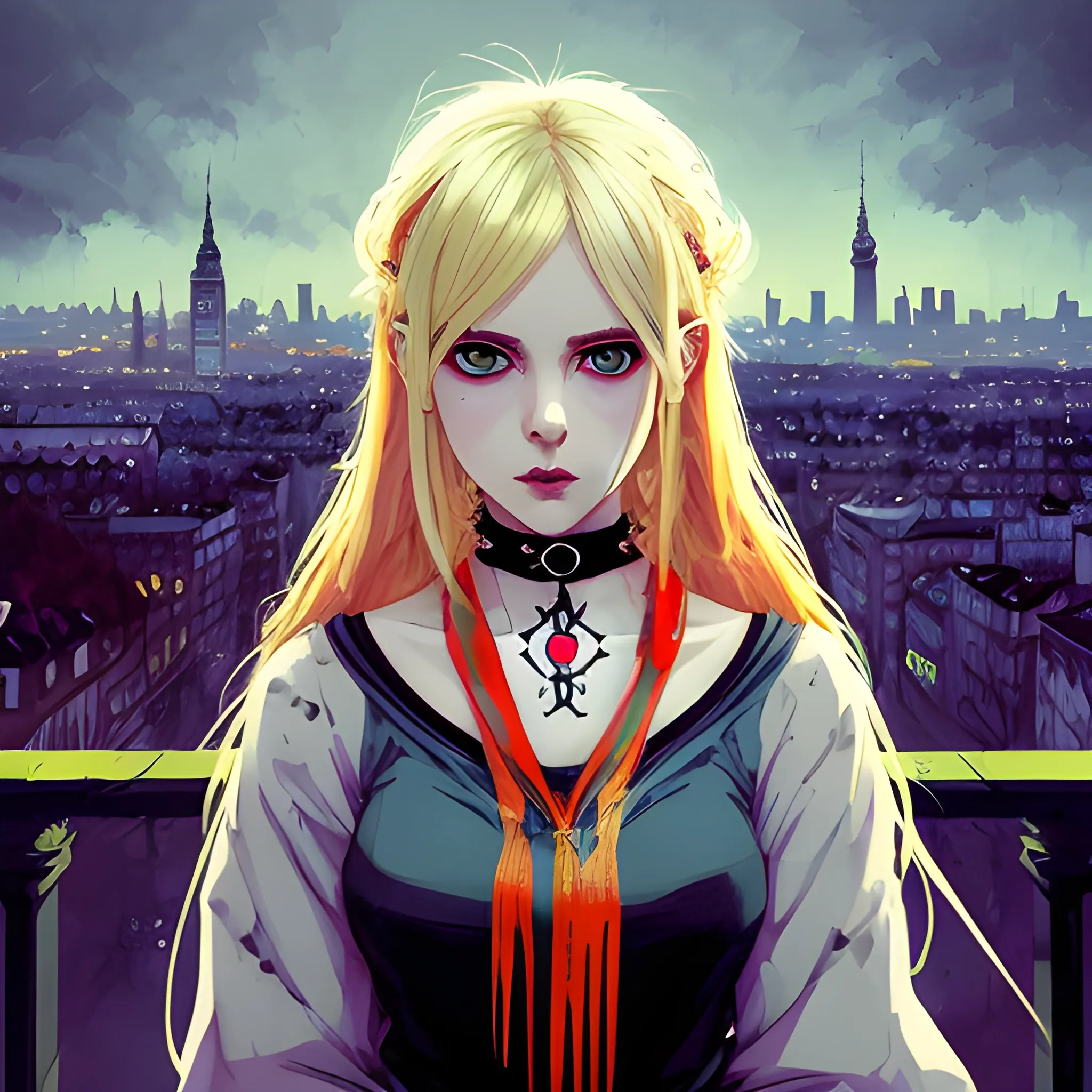 An image of a blonde hair slavic woman wearing choker in a manga art, anime style character  red and sillver colors,  true aesthetics, casual fashion shot of a beautiful modern woman posing in front of a psychedelic art nouveau style. cheap style polish female, full figure, symmetrical face, fit, iniskirt,  legs,  choker, cross, long hair, classy,  in love, longing, beautiful faces, manga eyes, open mouth,  messy chaotic Warsaw city in the background, dark night, art by Greg Rutkowski, acrylic, high contrast, colorful polychromatic, ultra detailed, ultra quality, CGSocietyHighly detailed, highest quality, 3D