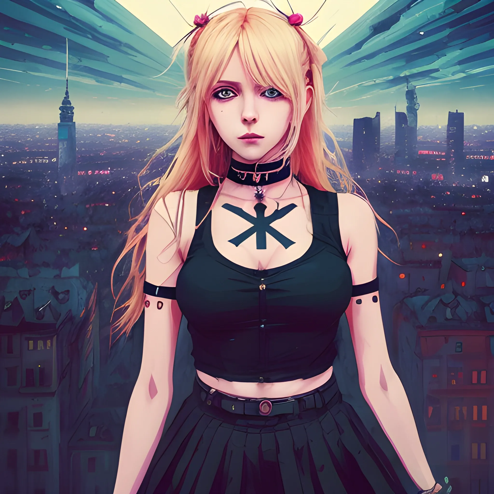 An image of a blonde hair slavic woman wearing choker in a manga art, anime style character  red and sillver colors,  true aesthetics, casual fashion shot of a beautiful modern woman posing in front of a psychedelic art nouveau style. cheap style polish female, full figure, symmetrical face, fit, miniskirt,  legs,  choker, cross, long hair, classy, submissive, beautiful faces, manga eyes, open mouth,  messy chaotic Warsaw city in the background, dark night, art by Greg Rutkowski, acrylic, high contrast, colorful polychromatic, ultra detailed, ultra quality, CGSocietyHighly detailed, highest quality, 3D