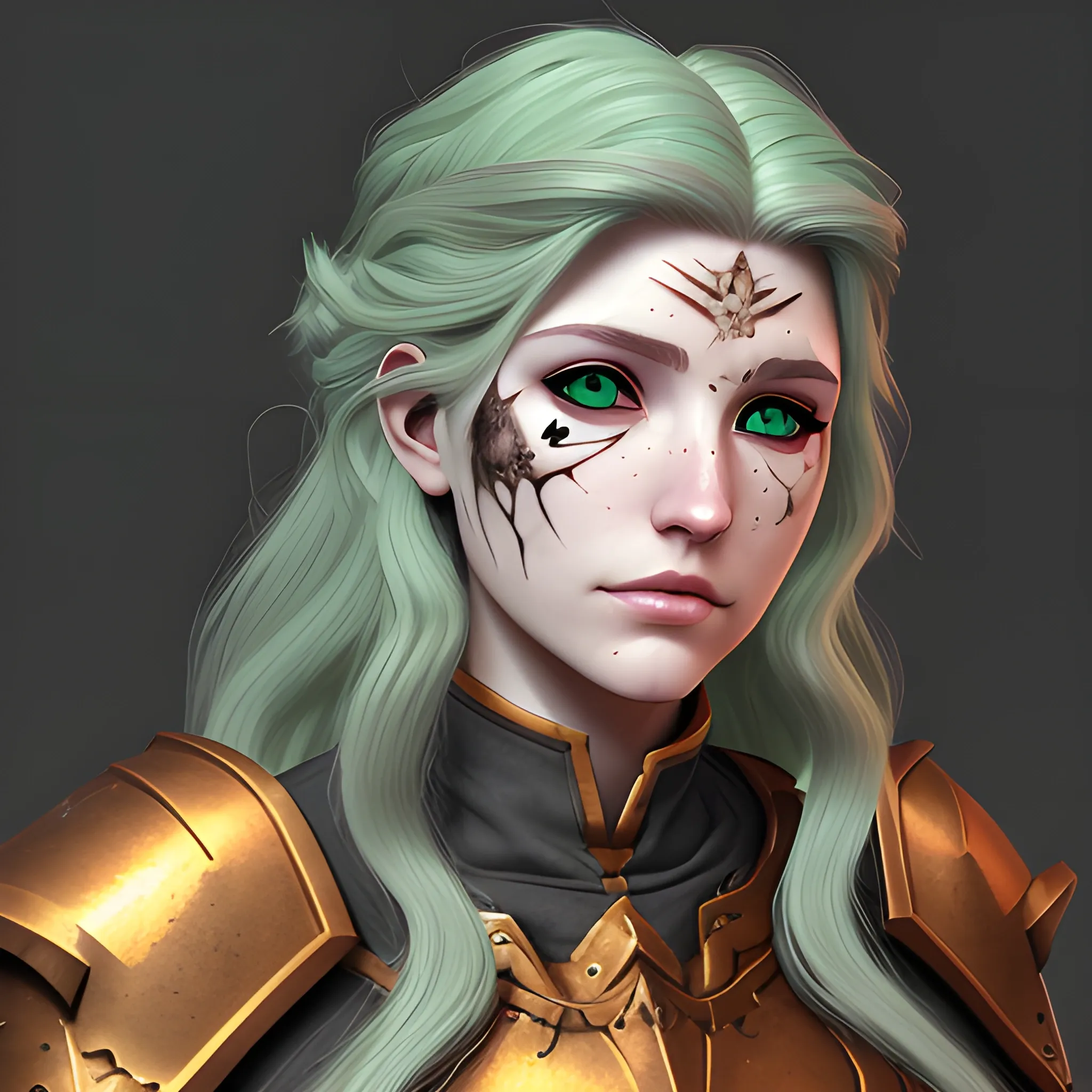 A female variant aasimar paladin, She has autumn hair, green eyes, and a soft face. above her right brow is a scarred laceration., 3D