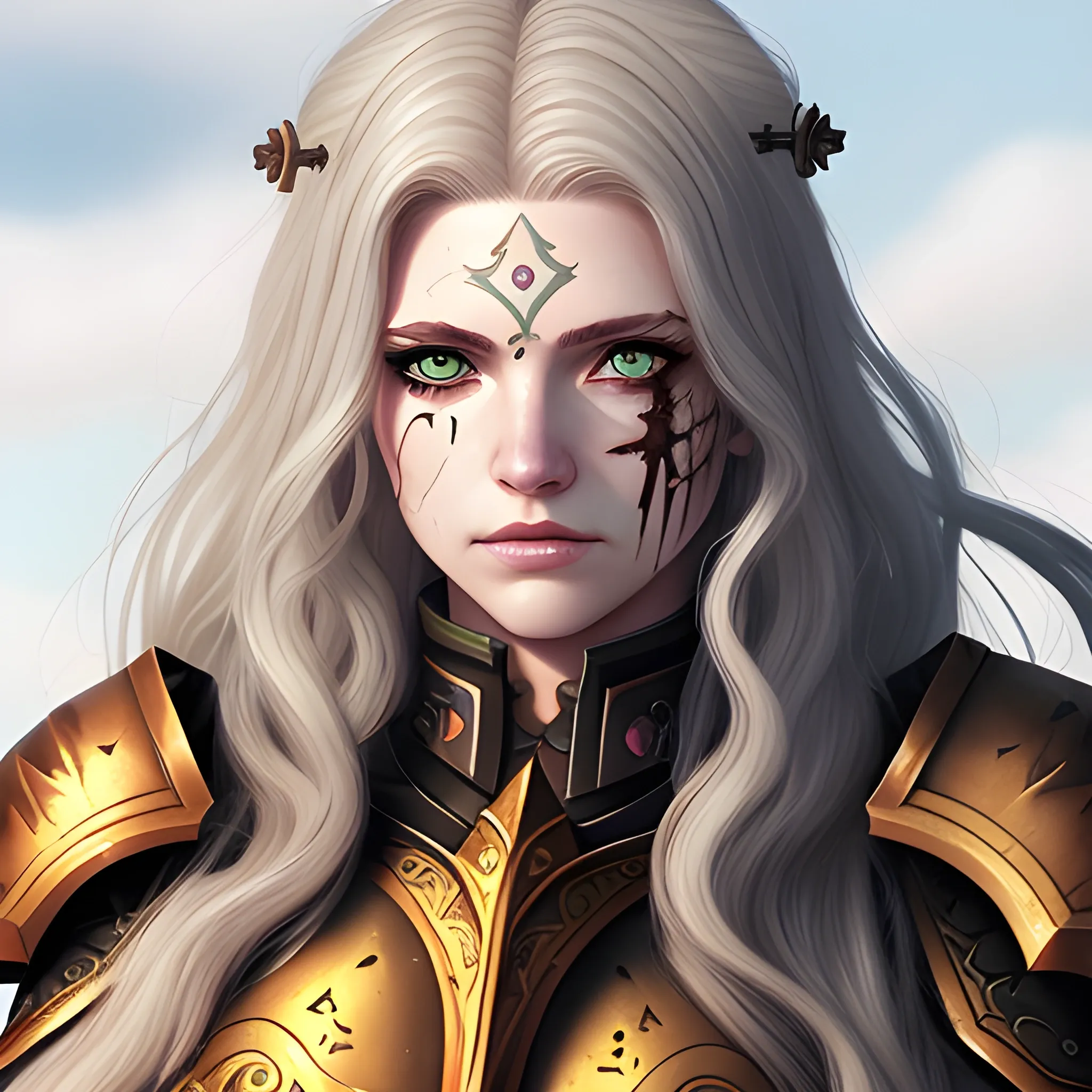 A female variant aasimar paladin, She has autumn hair, green eyes, and a soft face. above her right brow is a scarred laceration. She has no other markings