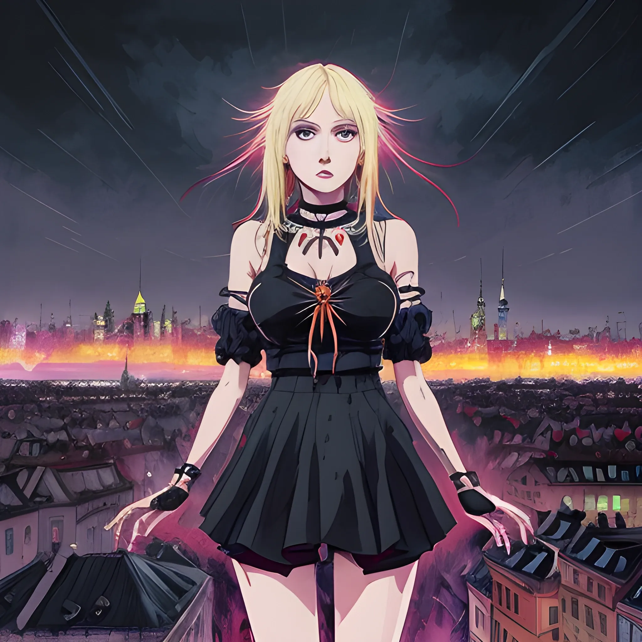 An image of a blonde hair slavic woman wearing choker in a manga art, anime style character  red and sillver colors,  true aesthetics, casual fashion shot of a beautiful modern woman posing in front of a psychedelic art nouveau style. cheap style polish female, full figure, symmetrical face, fit, miniskirt,  legs,  choker, cross, long hair, classy, beautiful faces, manga eyes, open mouth,  messy chaotic Warsaw city in the background, dark night, art by Greg Rutkowski, acrylic, high contrast, colorful polychromatic, ultra detailed, ultra quality, CGSocietyHighly detailed, highest quality, 3D