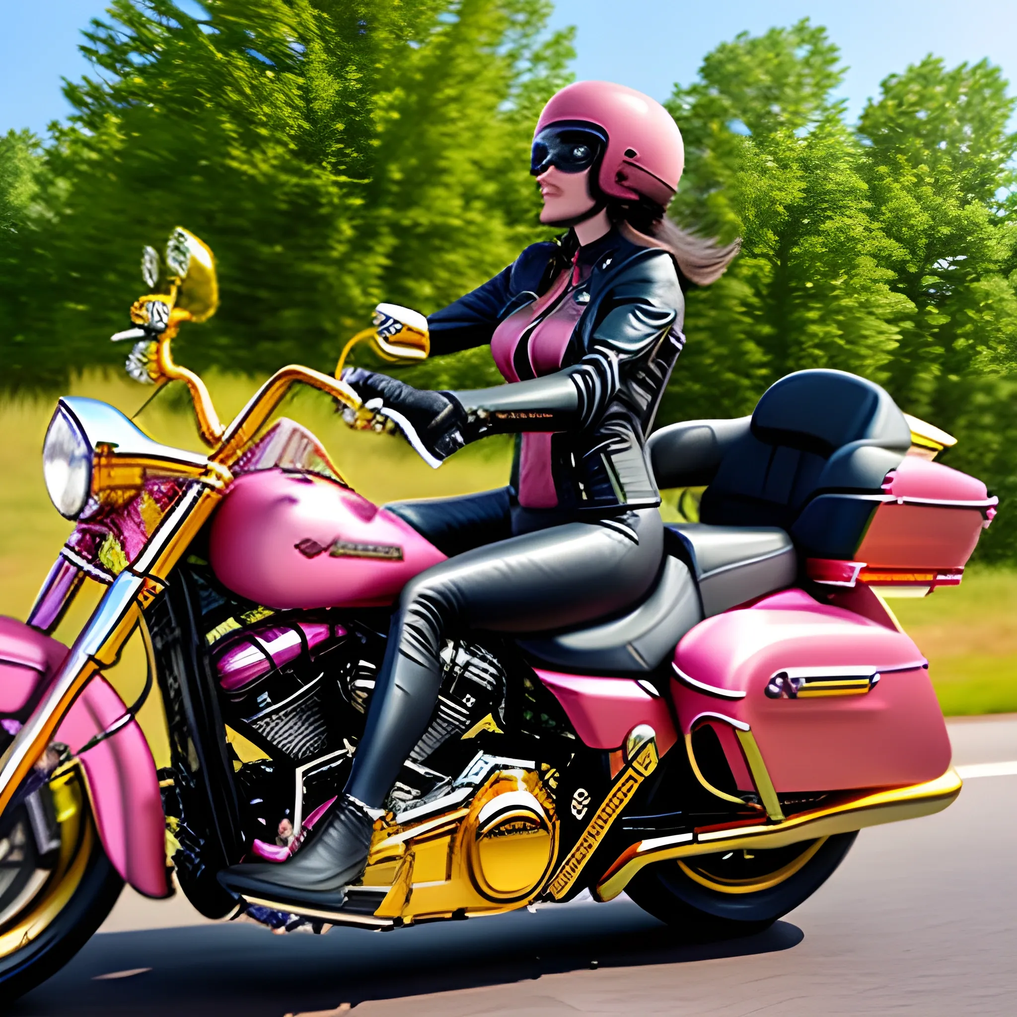 Beautiful brunette girl in leather pants is riding a pink and gold Harley motorcycle on a suburban road, surreal, , Water Color