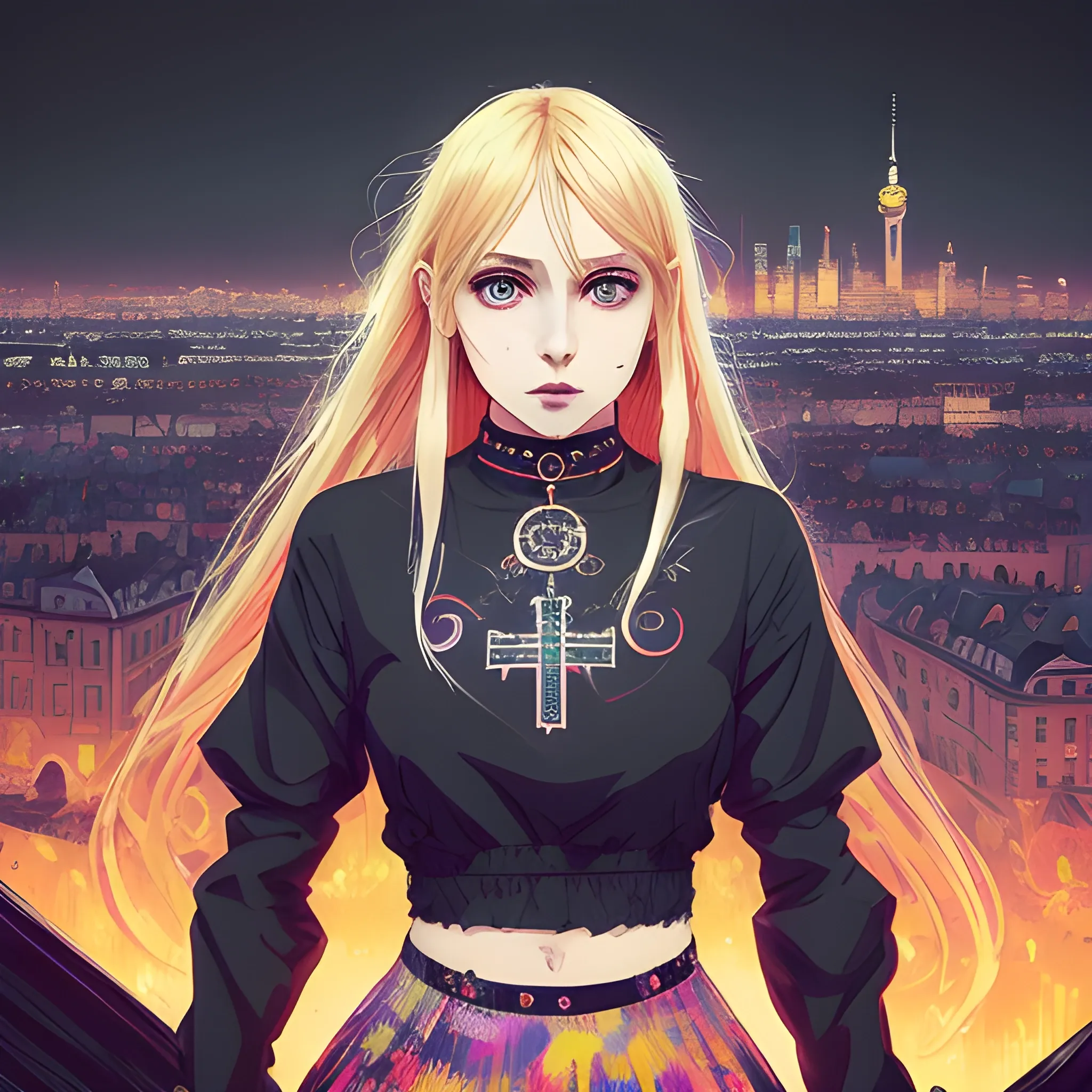 An image of a blonde hair slavic woman wearing choker in a manga art, anime style character  red and sillver colors,  true aesthetics, casual fashion shot of a beautiful modern happy woman posing in front of a psychedelic art nouveau style. casual style polish female, full figure, symmetrical face, fit, miniskirt,  legs,  choker, cross, long hair, classy, beautiful faces, manga eyes, open mouth,  messy chaotic Warsaw city in the background, dark night, art by Greg Rutkowski, acrylic, high contrast, colorful polychromatic, ultra detailed, ultra quality, CGSocietyHighly detailed, highest quality, 3D