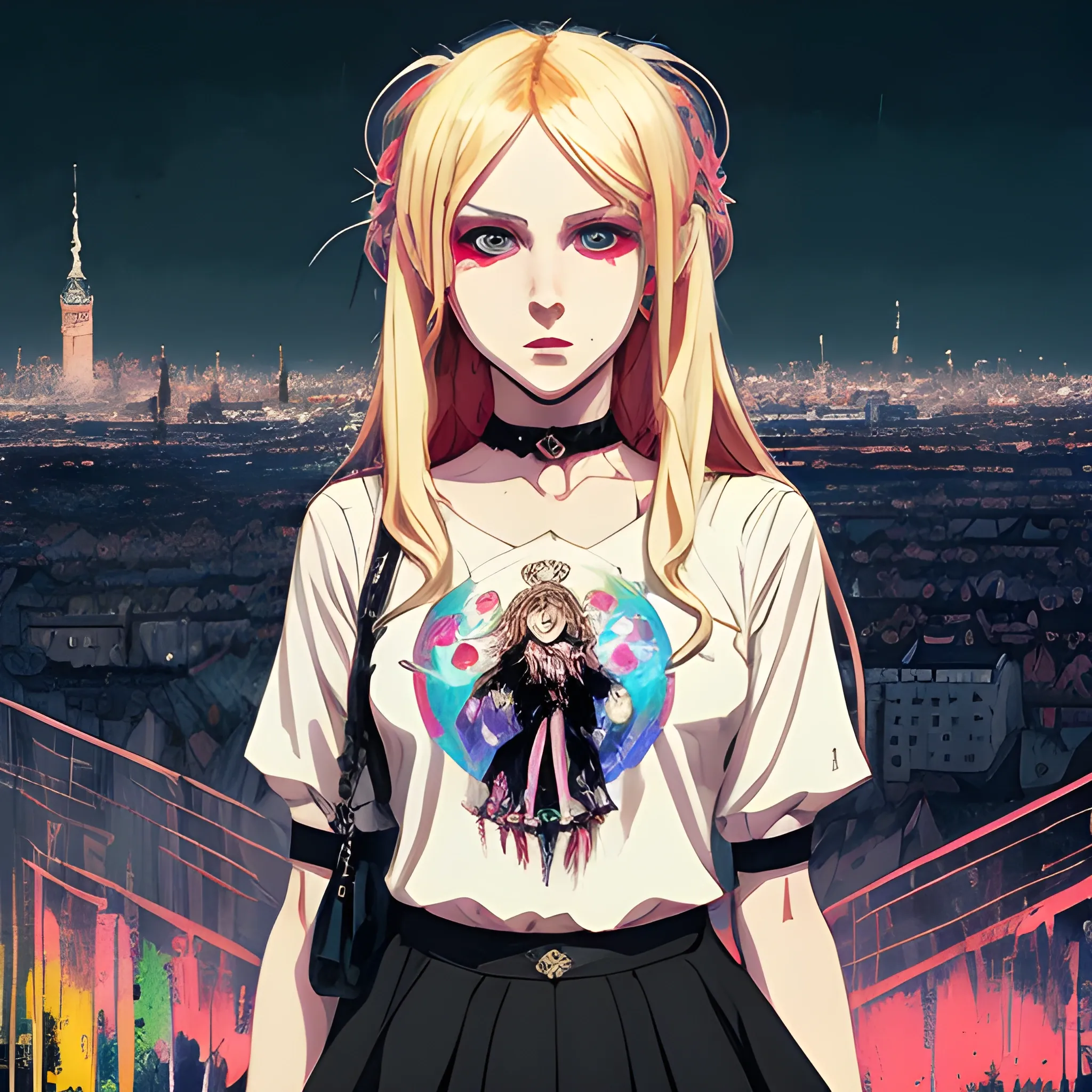 An image of a blonde hair slavic woman wearing choker in a manga art, anime style character  red and sillver colors,  true aesthetics, casual fashion shot of a beautiful modern happy woman posing in front of a psychedelic art nouveau style. casual style polish female, full figure, symmetrical face, fit, miniskirt,  legs,  choker, cross, long hair, classy, beautiful faces, manga eyes, open mouth,  messy chaotic Warsaw city in the background, dark night, art by Greg Rutkowski, acrylic, high contrast, colorful polychromatic, ultra detailed, ultra quality, CGSocietyHighly detailed, highest quality, 3D