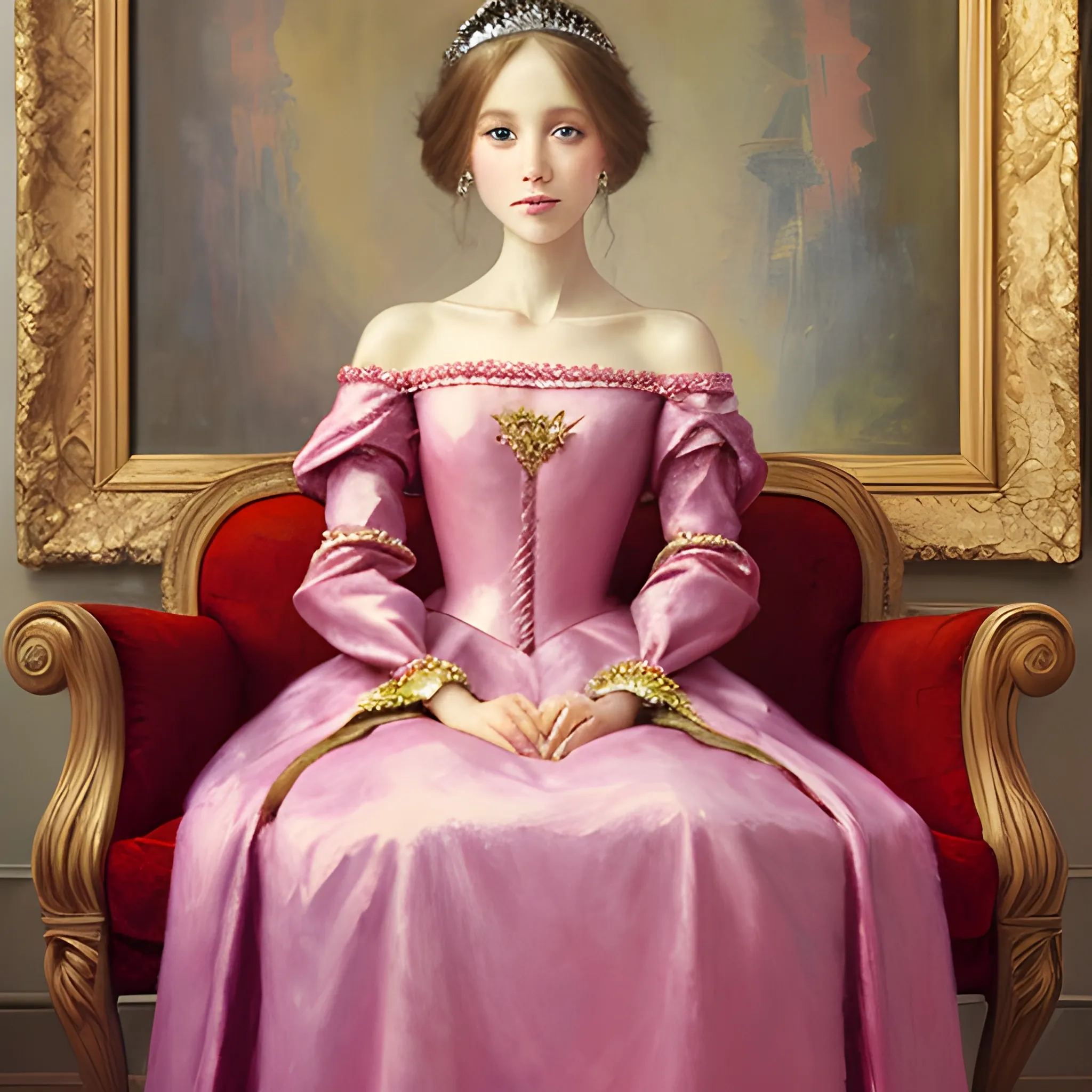 a princess sit on chair ,full body covered by dress , hairs are long under neck, Oil Painting