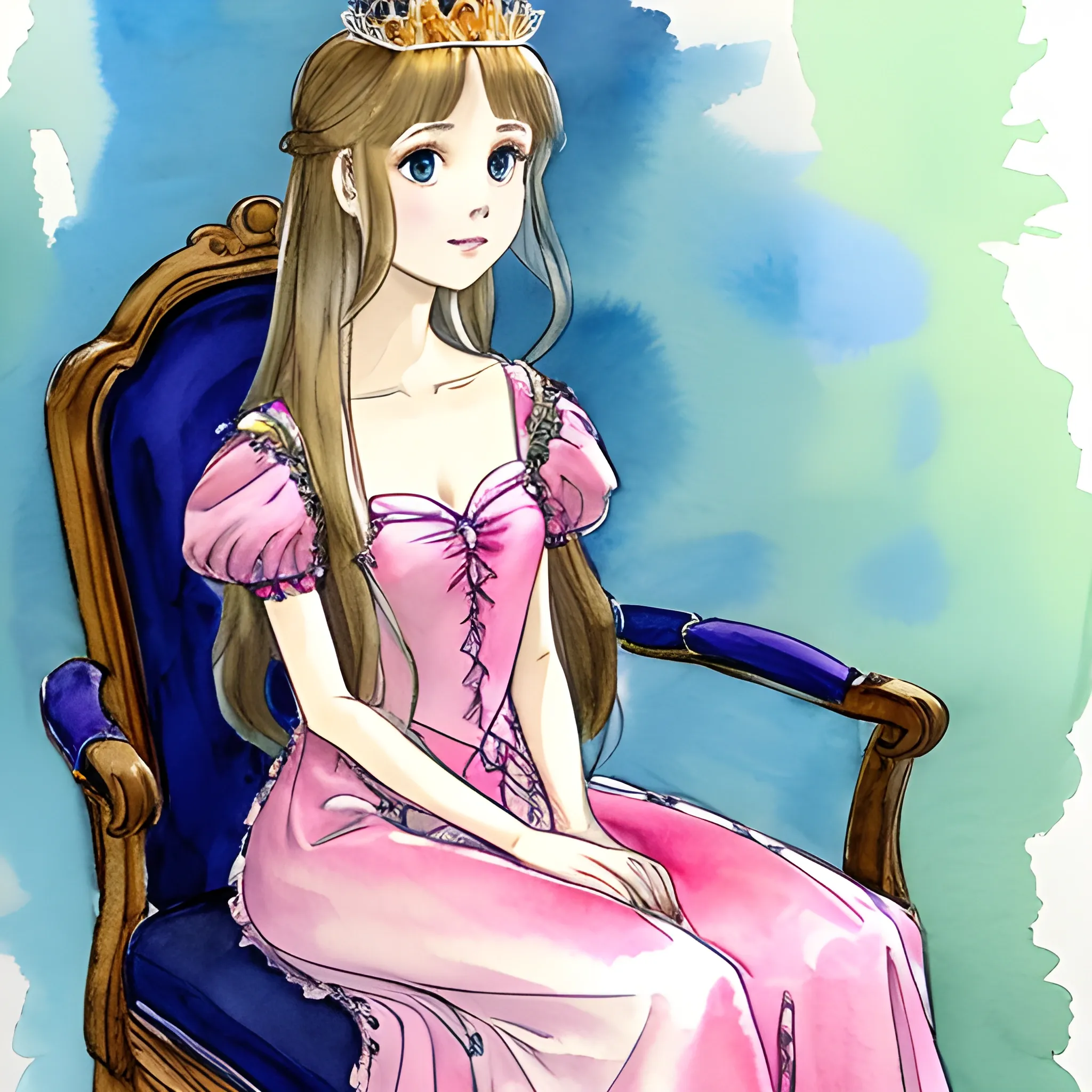 a princess sit on chair ,full body covered by dress , hairs are long under neck,  Water Color