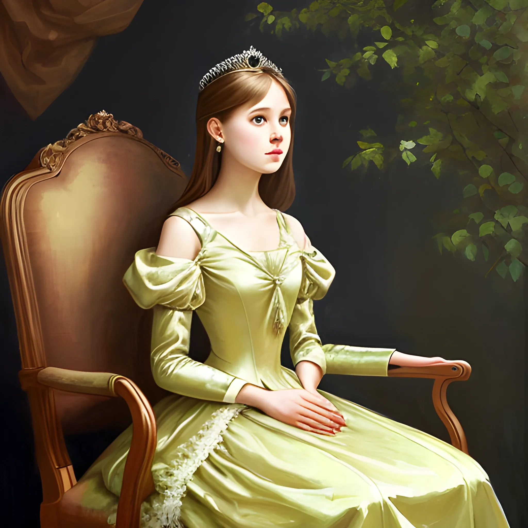 a princess sit on chair ,full body covered by dress , hairs are long under neck,  dress cover chest, Oil Painting