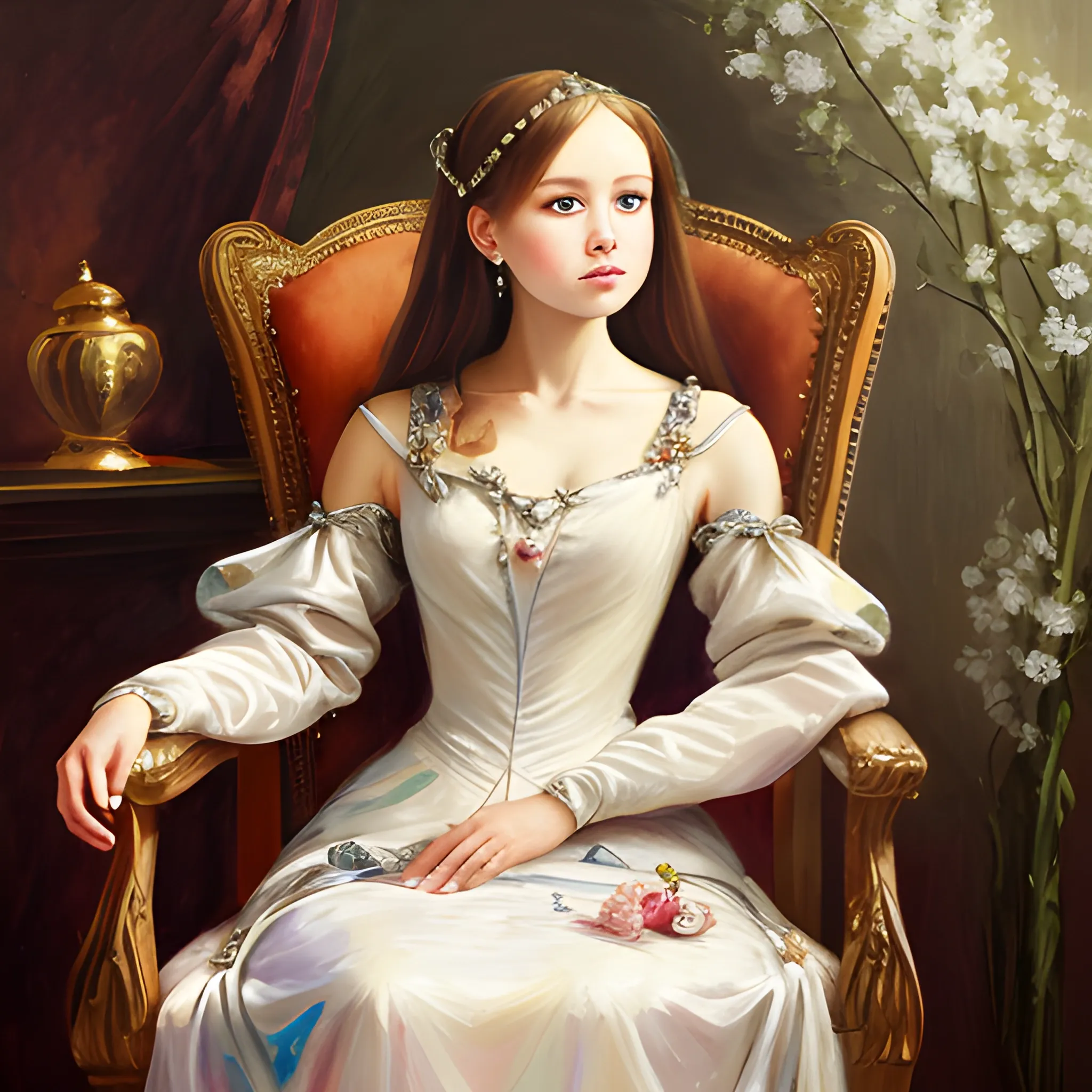 a princess sit on chair ,full body covered by dress , hairs are long under neck,  dress cover under neck fully , Oil Painting