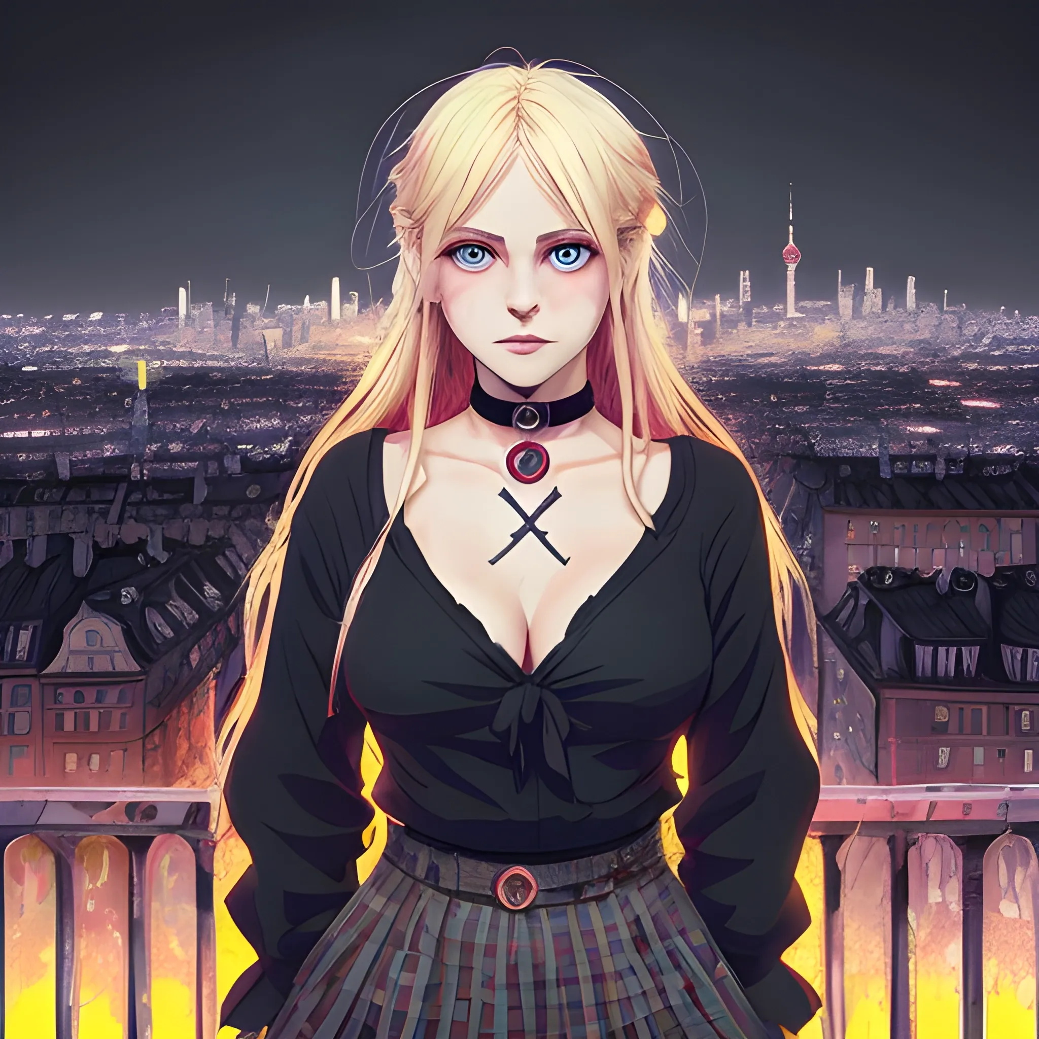 An image of a blonde hair slavic woman wearing choker in a manga art, anime style character  red and sillver colors,  true aesthetics, casual fashion shot of a beautiful modern happy woman posing in front of a psychedelic art nouveau style. casual style sexy 
polish female, full figure, symmetrical face, fit, miniskirt,  legs,  choker, cross, long hair, classy, beautiful faces, manga eyes, open mouth,  messy chaotic Warsaw city in the background, dark night, art by Greg Rutkowski, acrylic, high contrast, colorful polychromatic, ultra detailed, ultra quality, CGSocietyHighly detailed, highest quality, 3D, Trippy