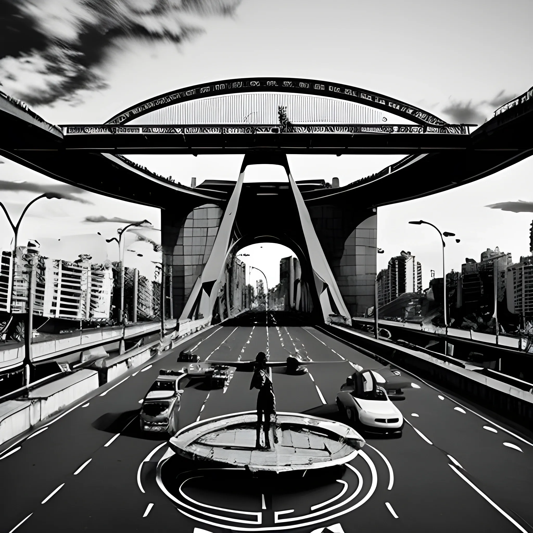 puente de la mujer destruido por naves espaciales ciudad de buenos aires imagen oscura y futurista, Trippy