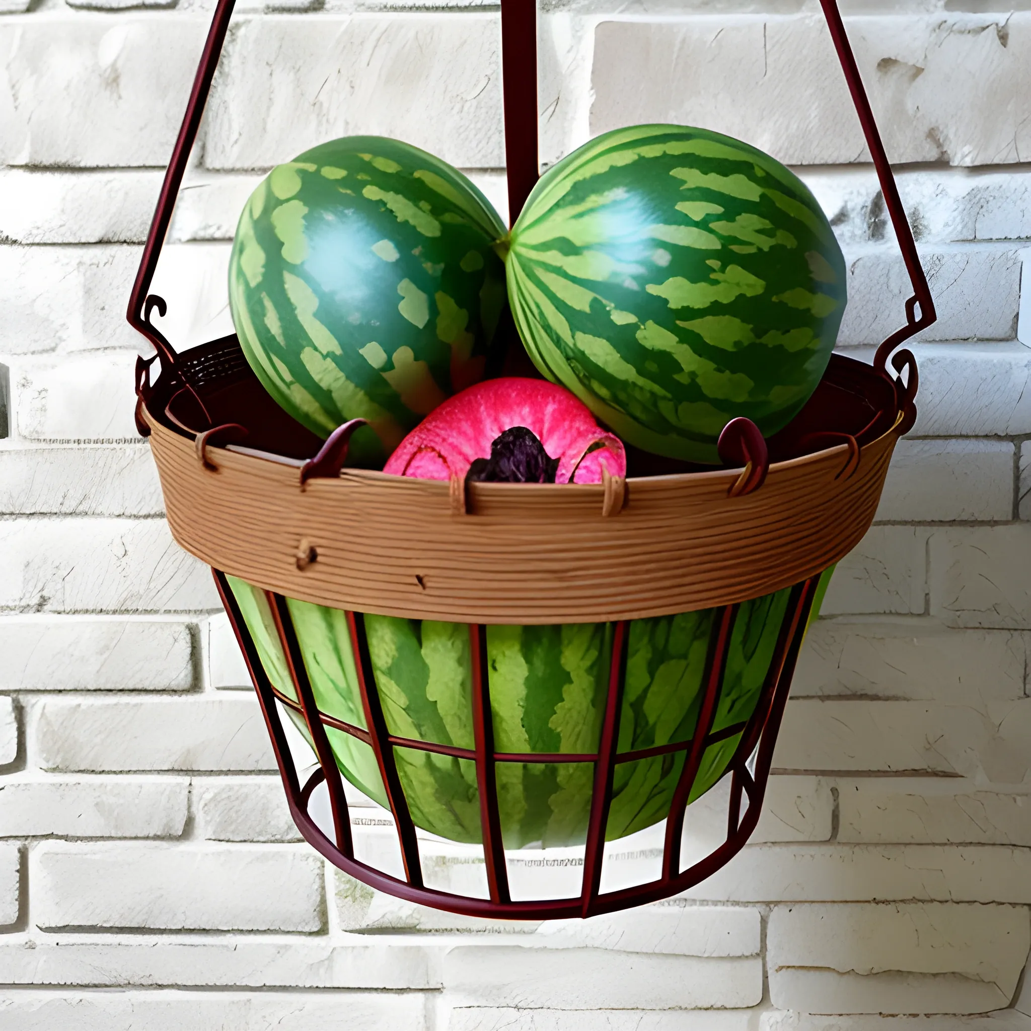 iron hanging basket with coco fiber liner like a watermelon
