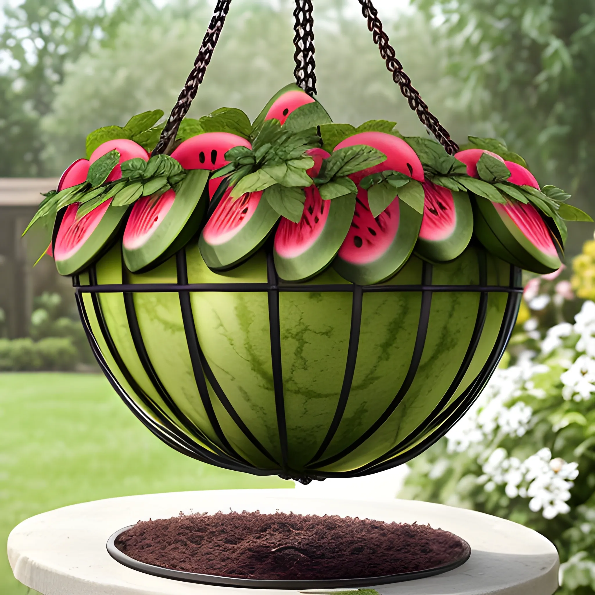 iron hanging basket which likes a watermelon with coco fiber liner 