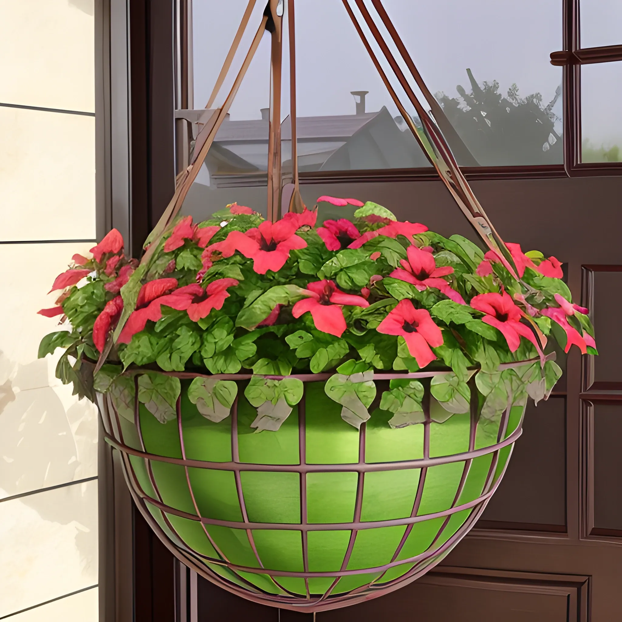 iron hanging basket whose shpe likes a watermelon with coco fiber liner, it contains many flowers