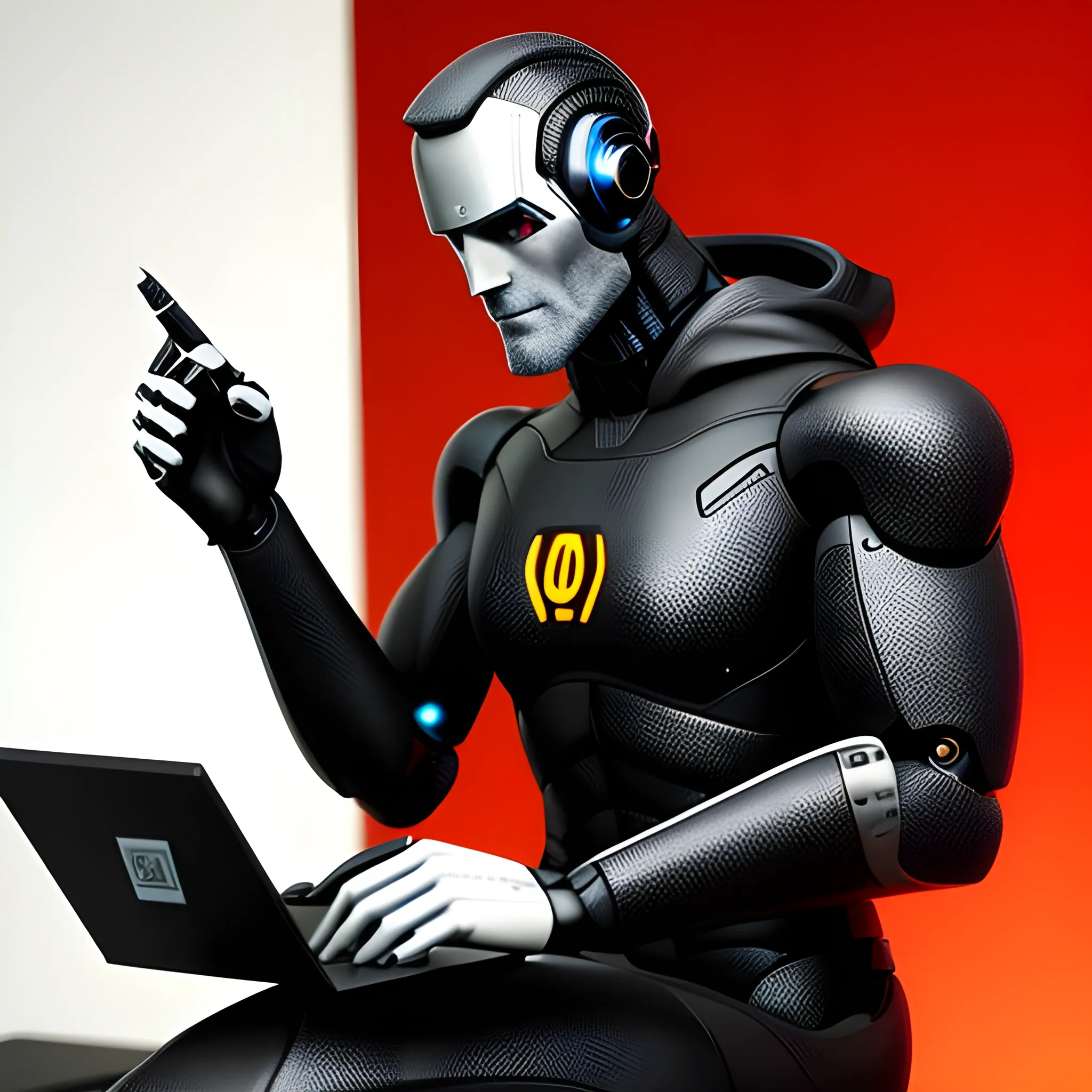 I want to give an artificial intelligence the task of creating an image for me that best describes a generic boy sitting in a room. The boy is wearing a black hoodie with a Linux logo on it, and he has a robotic arm on his right arm, with a tablet display on his hand. He is sitting on a backless chair in front of a laptop, programming. The room around him is filled with tools such as a soldering iron, a page cutter, and other hardware and invention materials., 3D