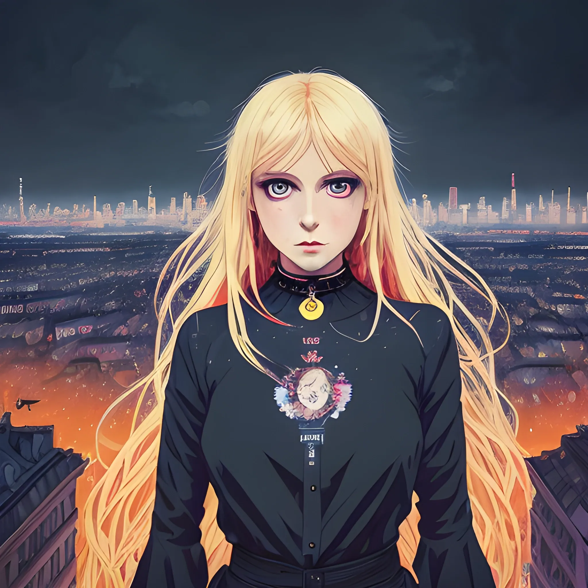 An image of a blonde hair slavic woman wearing choker in a manga art, anime style character  red and sillver colors,  true aesthetics, casual fashion shot of a beautiful modern happy woman posing in front of a psychedelic art nouveau style. casual style sexy 
polish female, full figure, symmetrical face, fit, miniskirt,  legs,  choker, cross, long hair, classy, beautiful faces, manga eyes, open mouth,  messy chaotic Warsaw city in the background, dark night, art by Greg Rutkowski, acrylic, high contrast, colorful polychromatic, ultra detailed, ultra quality, CGSocietyHighly detailed, highest quality, 3D, Trippy, Trippy