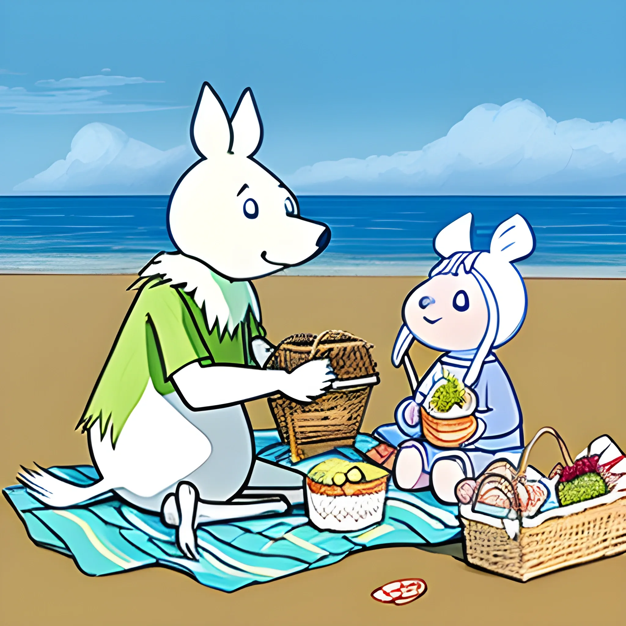 Moomin and skunfin having picnic at the beach