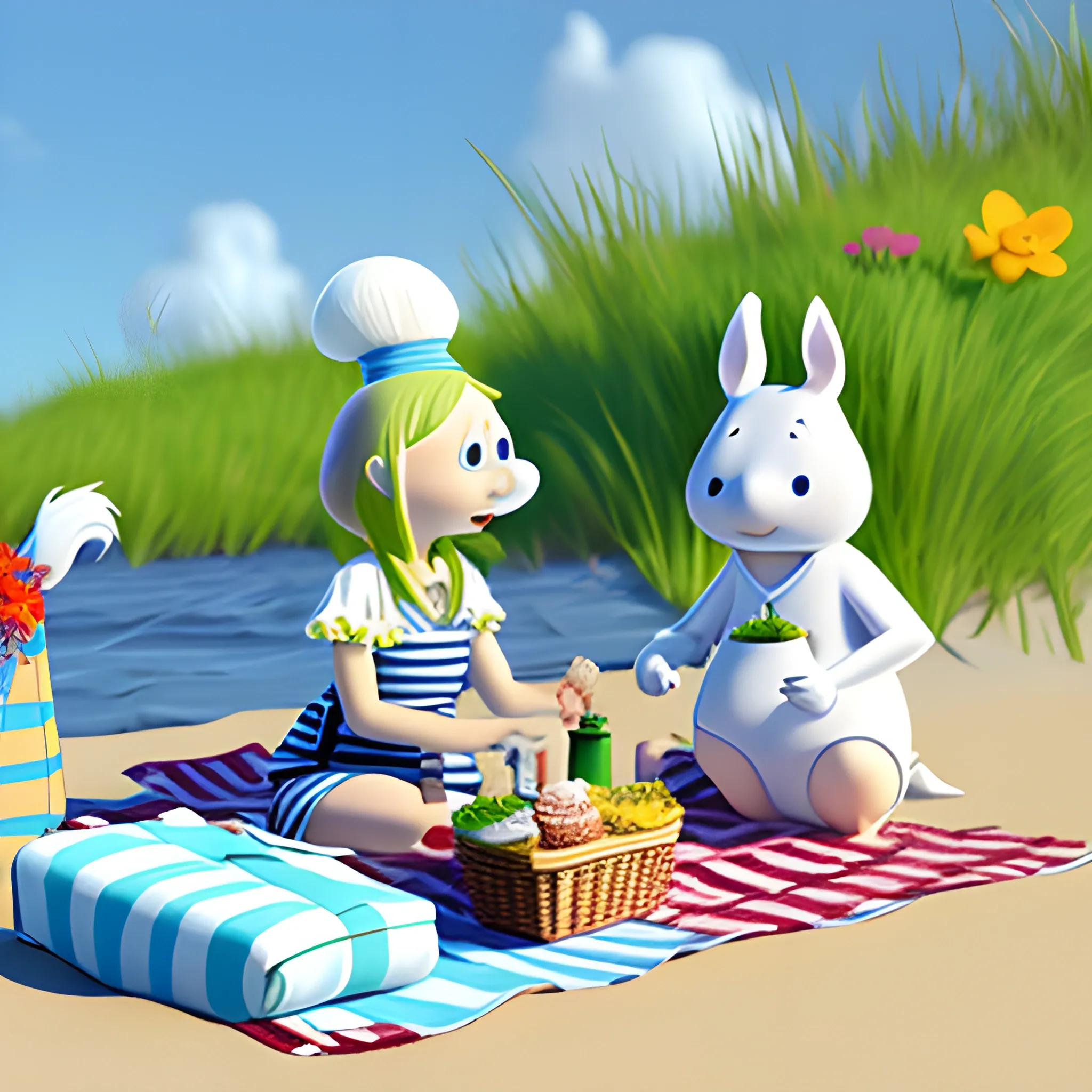 Moomin and skunfin having picnic at the beach, 3D