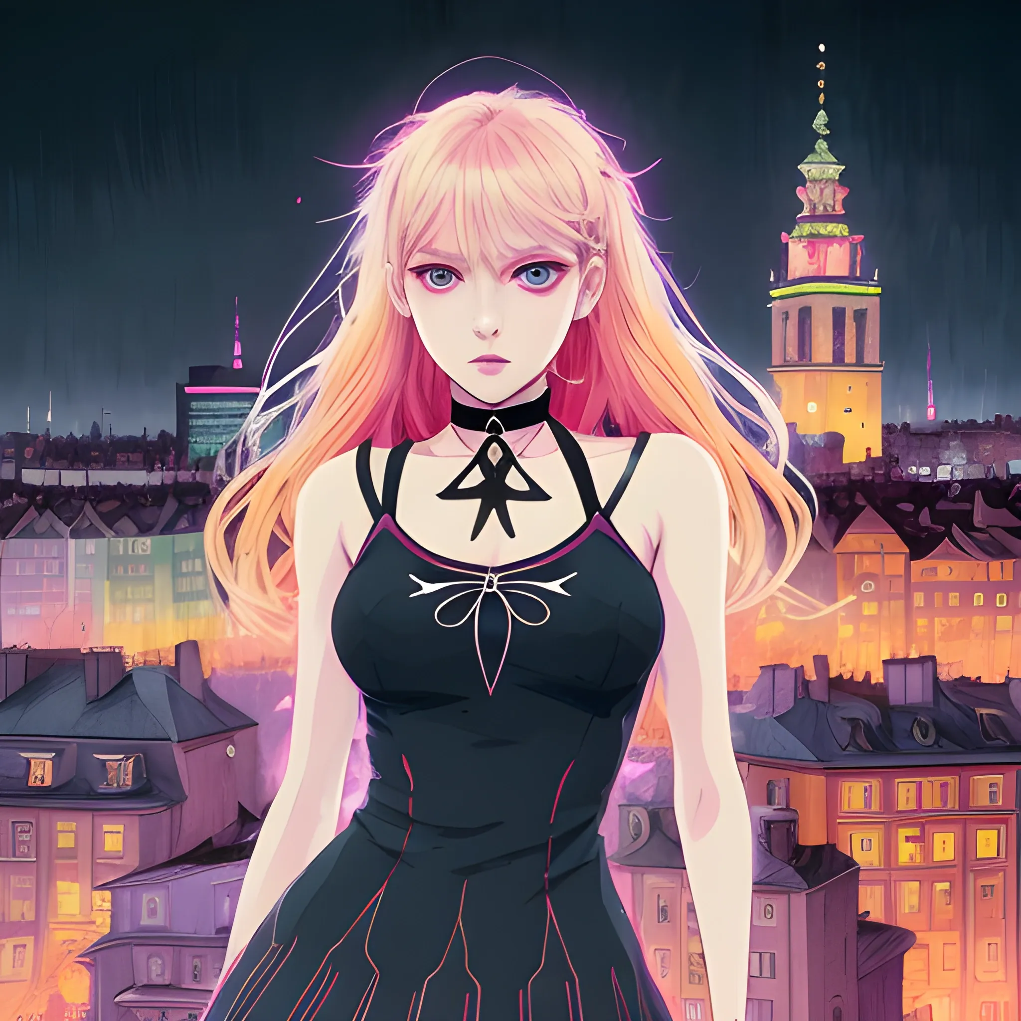 An image of a blonde hair slavic woman wearing choker in a manga art, anime style character  red and sillver colors,  true aesthetics, casual fashion shot of a beautiful modern woman posing in front of a psychedelic art nouveau style. classy style polish female, full figure, fit, ellegant tight pink costume, miniskirt,  legs,  choker, cross, long hair, classy,  beautiful faces, manga eyes, open mouth,  Warsaw city in the background, dark night, art by Greg Rutkowski, acrylic, high contrast, colorful polychromatic, ultra detailed, ultra quality, CGSocietyHighly detailed, highest quality, 3D, Trippy